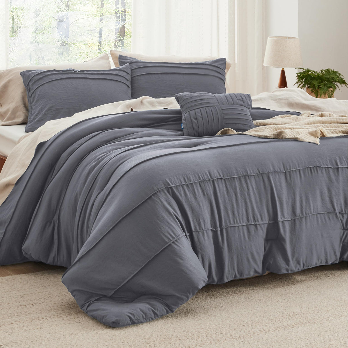 Bedsure Dark Grey California King Comforter Set - 4 Pieces Pinch Pleated Bed Set, Down Alternative Bedding Sets For All Season,