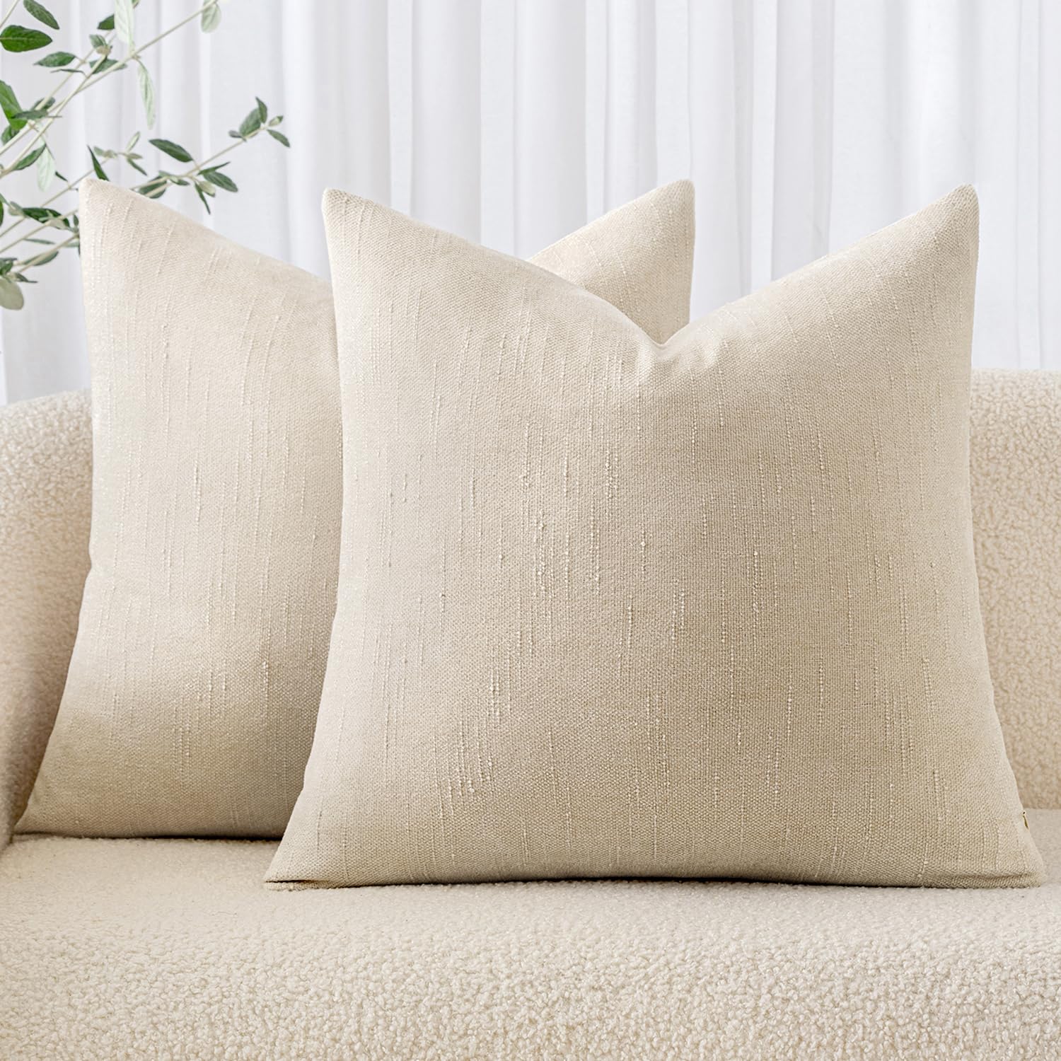 Miulee Pack Of 2 Decorative Throw Pillow Covers Soft Chenille Throw Pillows Solid Textured Cushion Covers For Couch Sofa Bedroom Living Room 18X18 Inch, Light Beige