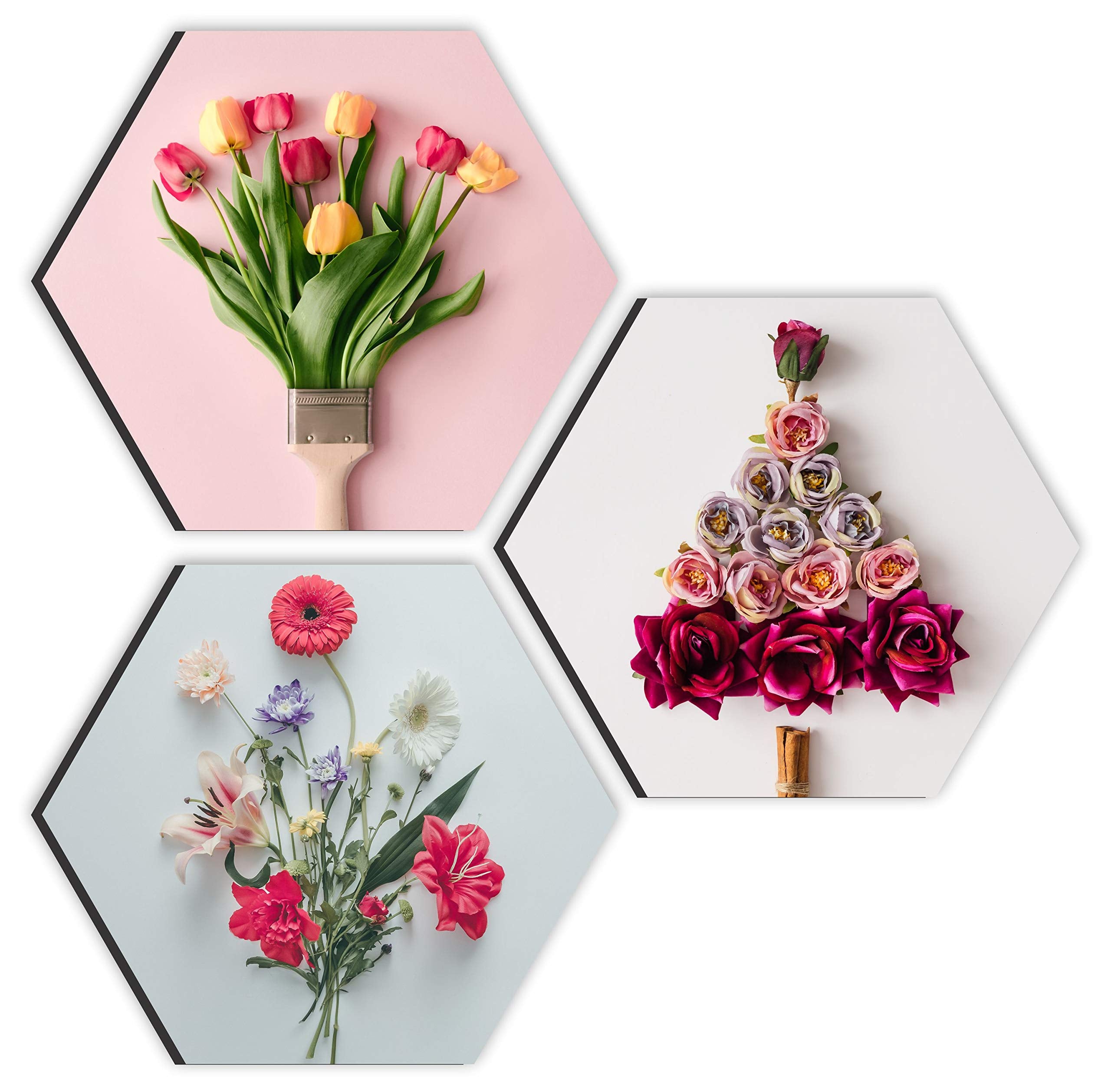 SAF Preety Flower and Leaf in Cone Pot 3 Pieces UV Textured Multi-Effect Self adheshive Painting 17 Inch X 17 Inch SANFHX31155