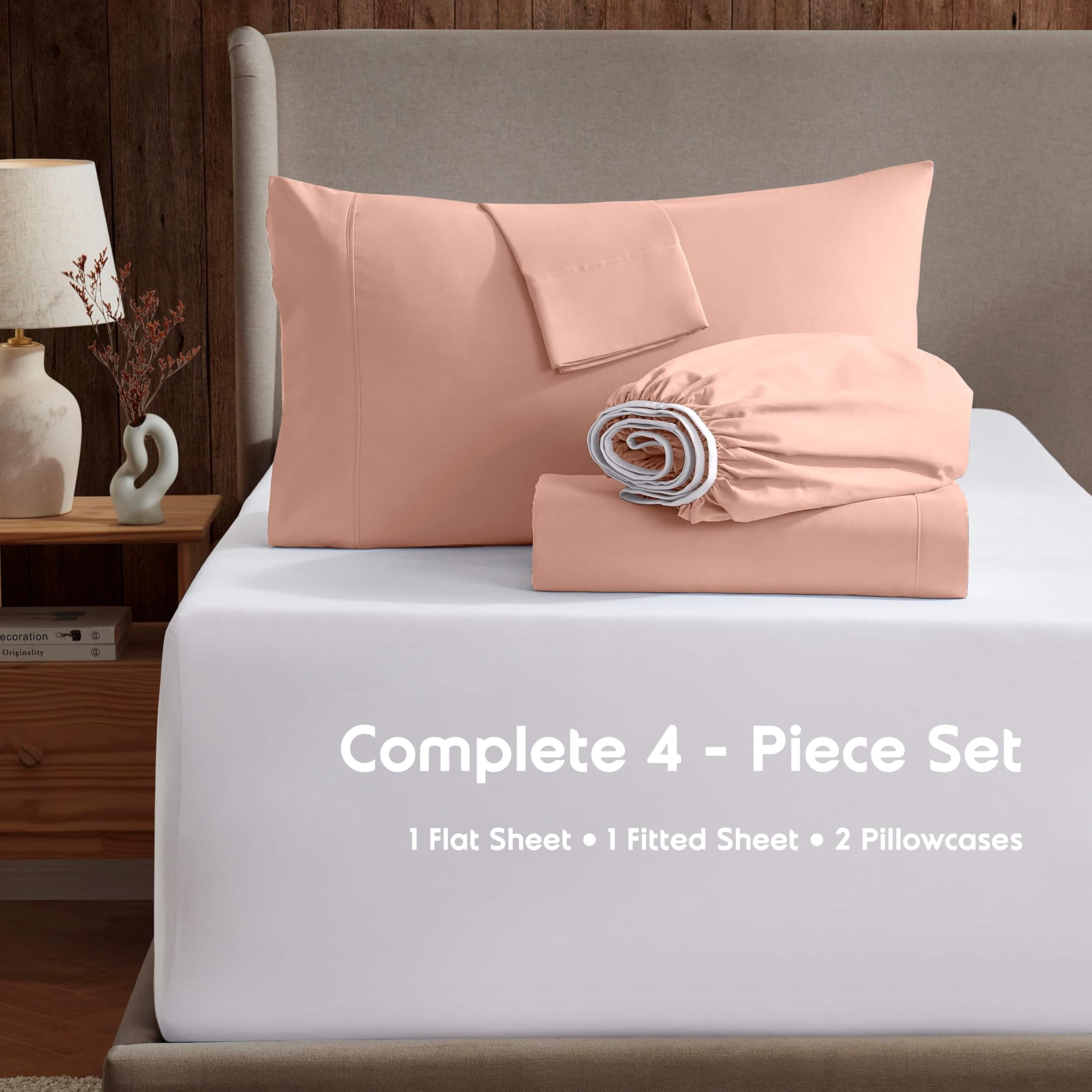 Nestl King Size Sheets Set - 4 Piece King Sheets, Deep Pocket, Hotel Luxury, Extra Soft, Breathable And Cooling, Peach King Bed Sheets