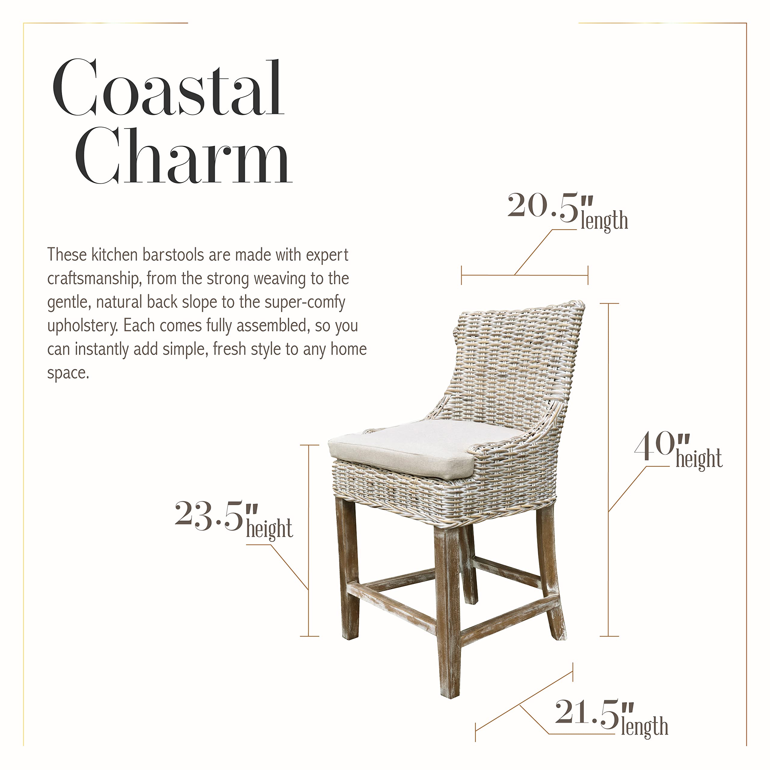 AFD Home Alfresco Kuba-Weave Counter Stool, Wooden Stool, Kitchen Counter Stool, 23 Inch Seat Height, Off White