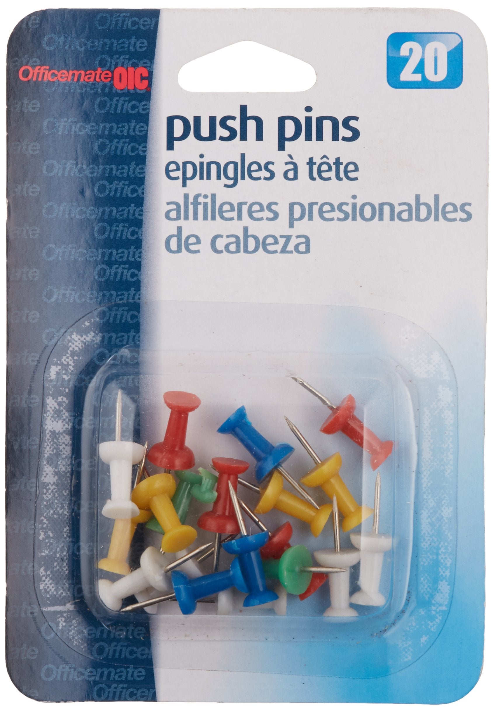 Officemate Oic Push Pins, Assorted Colors, 20 Per Pack (92600)
