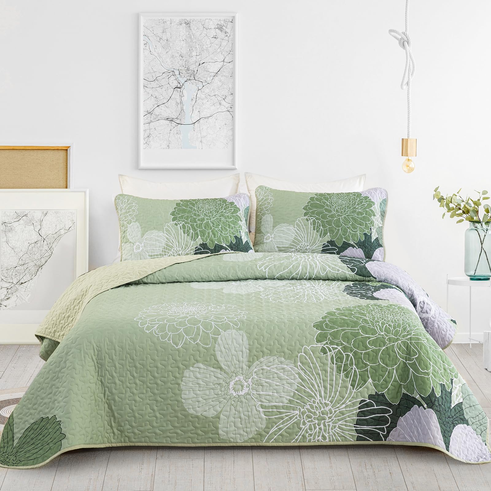 Yiran Floral Quilt Set King Size Sage Green Botanical Bedspreads Bedding Set 3 Pieces Lightweight Summer Coverlet With 2 Pillow