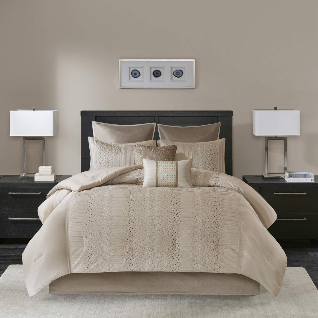 Madison Park Camelia Cozy Comforter Set-Trendy Design All Season Down Alternative Luxury Bedding With Matching Shams, Decorative Pillows, California King (104 In X 92 In), Natural 8 Piece