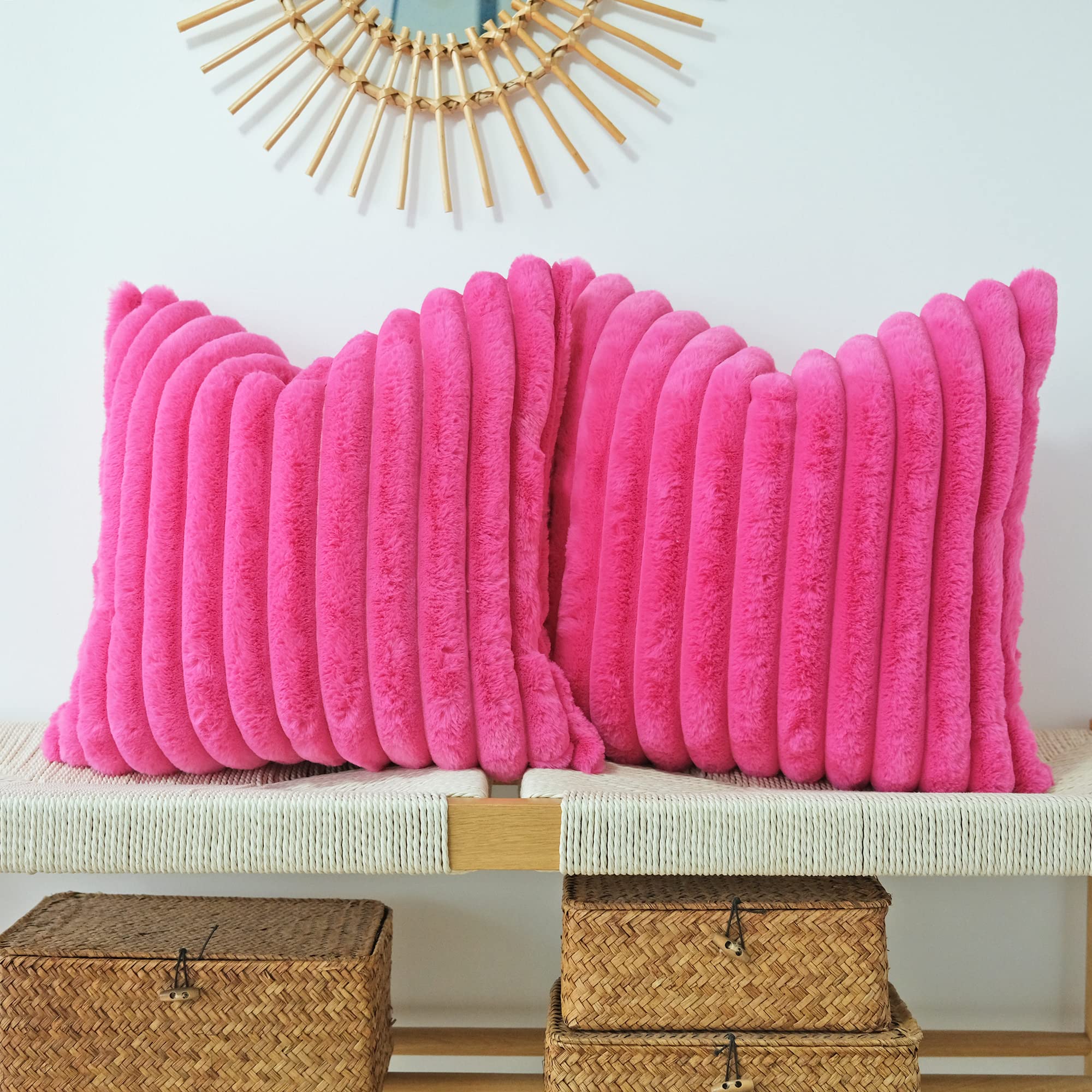 Jojusis Pack Of 2 Faux Fur Plush Decorative Throw Pillow Covers Couch Cushion Case Soft Pillowcases (Hot Pink, 24 X 24-Inch)