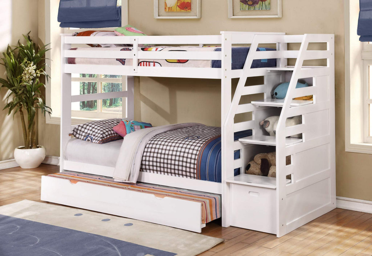 77'.75' X 43'.5' X 62'.5' White Manufactured Wood and Solid Wood Twin/Twin Staircase Bunk Bed with Trundle & Storage Steps