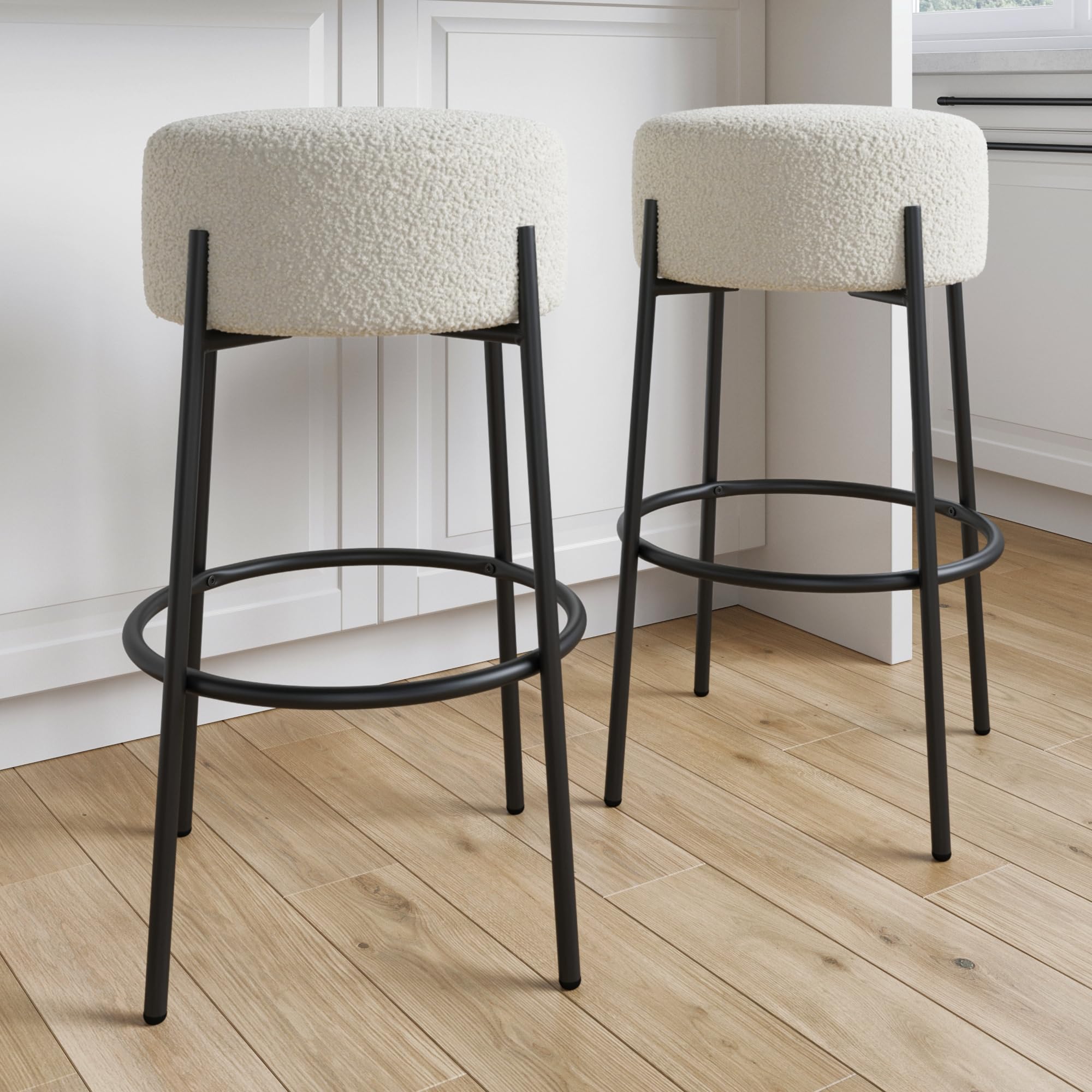 Nathan James Isaac 29 Modern Backless Bar Stool with Round Soft Padded Boucle Seat and Metal Mid-Century Base, Boucle White/Blac