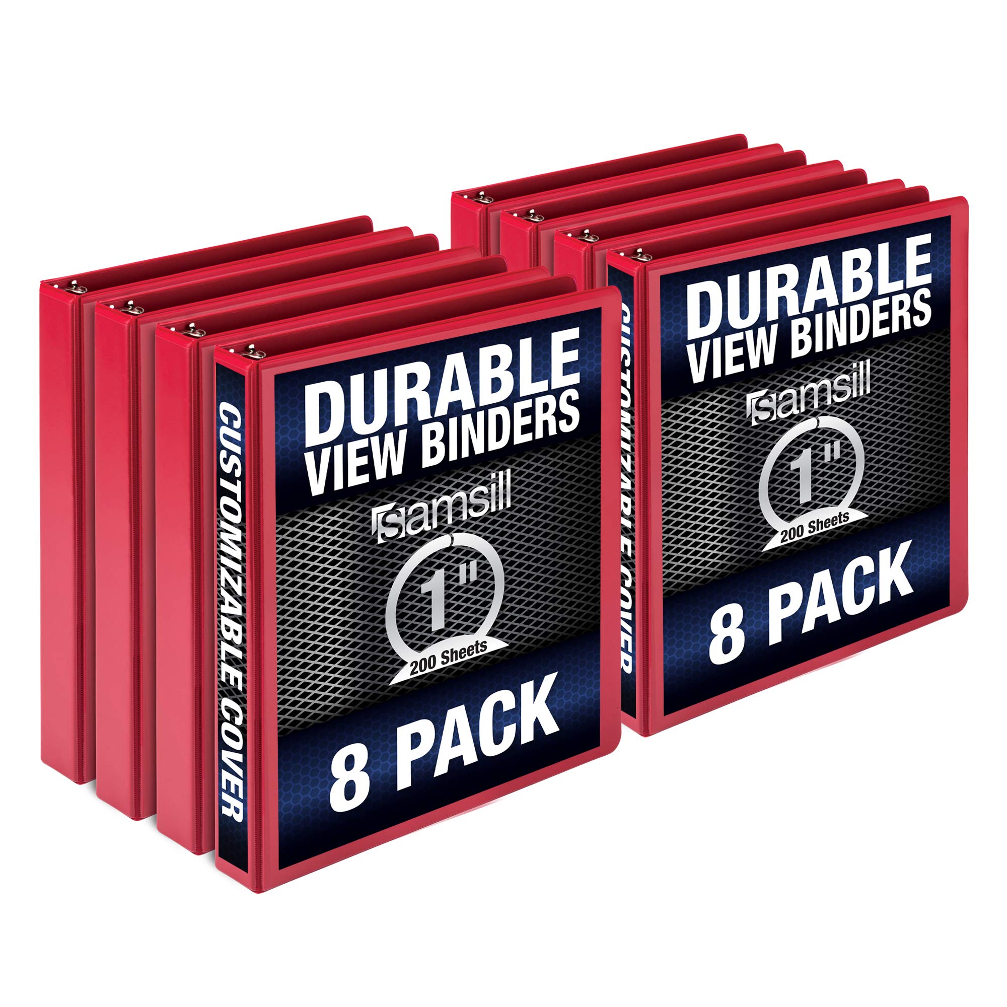 Samsill Durable 1 Inch Binder, Made In The Usa, Round Ring Customizable Clear View Binder, Red, 8 Pack (Mp88433)