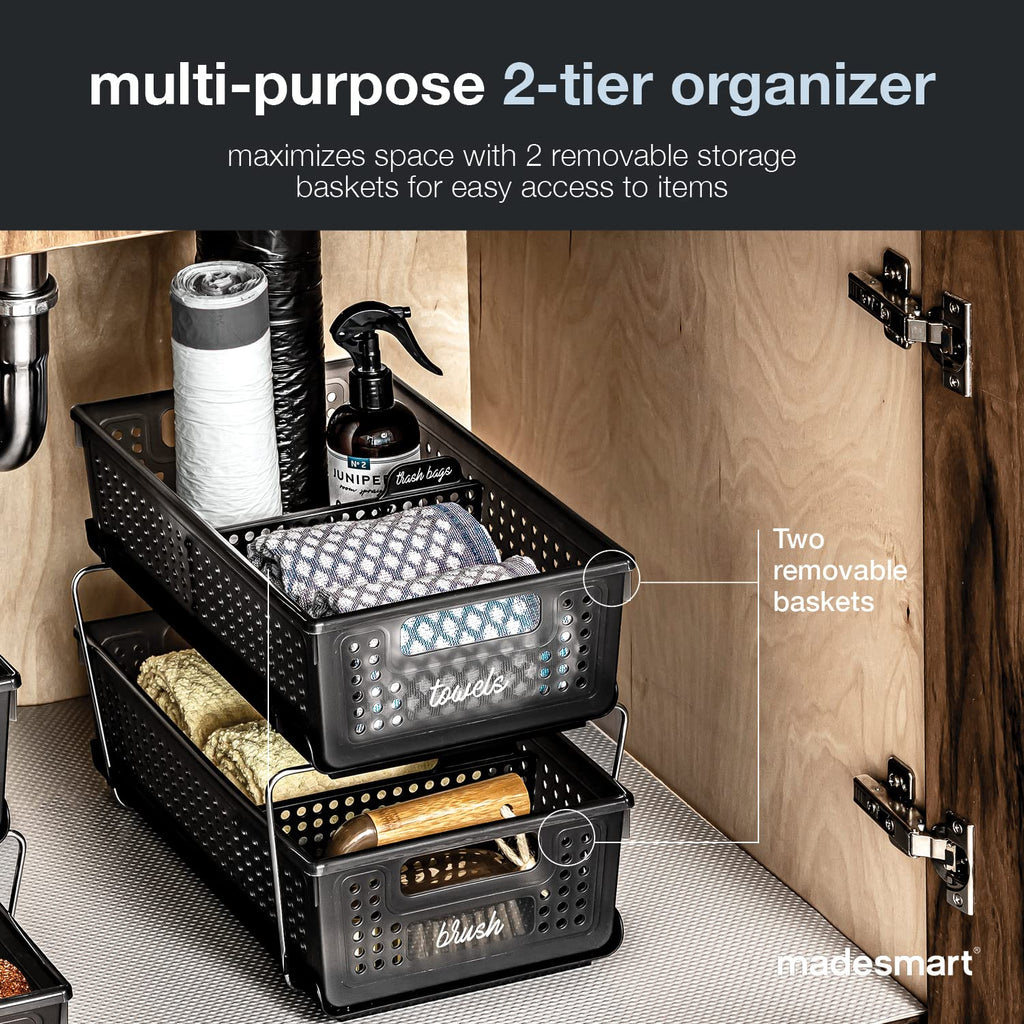 Madesmart 2-Tier Organizer Multi-Purpose Slide-Out Storage With Handles And Dividers For Home And Bath, Bpa Free, Pack Of 1, Car