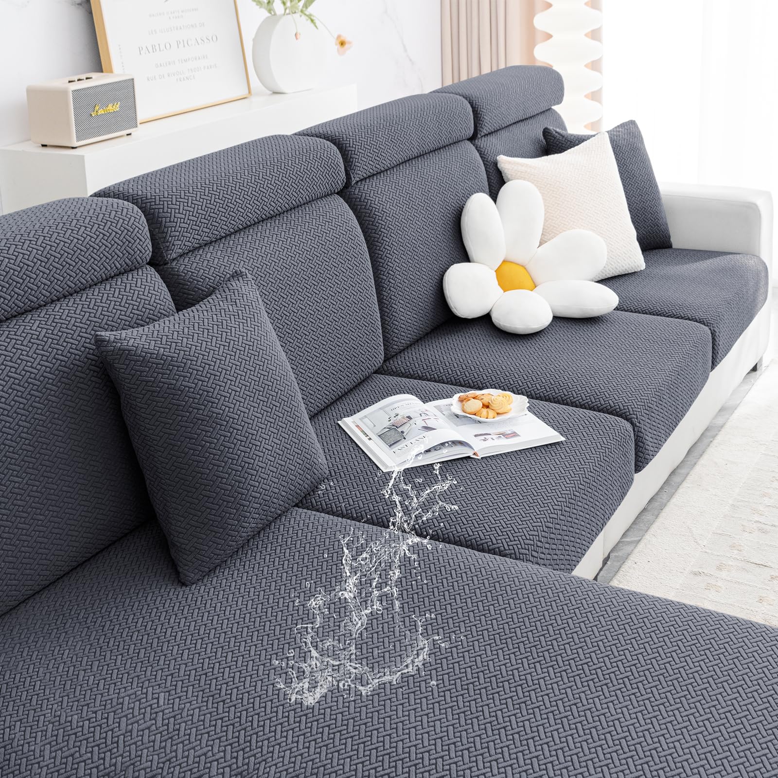 Smiry Waterproof Couch Cushion Covers, Stretch Jacquard Thick Sofa Cushion Covers, Washable Seat Cover Slipcover Elastic Furnitu