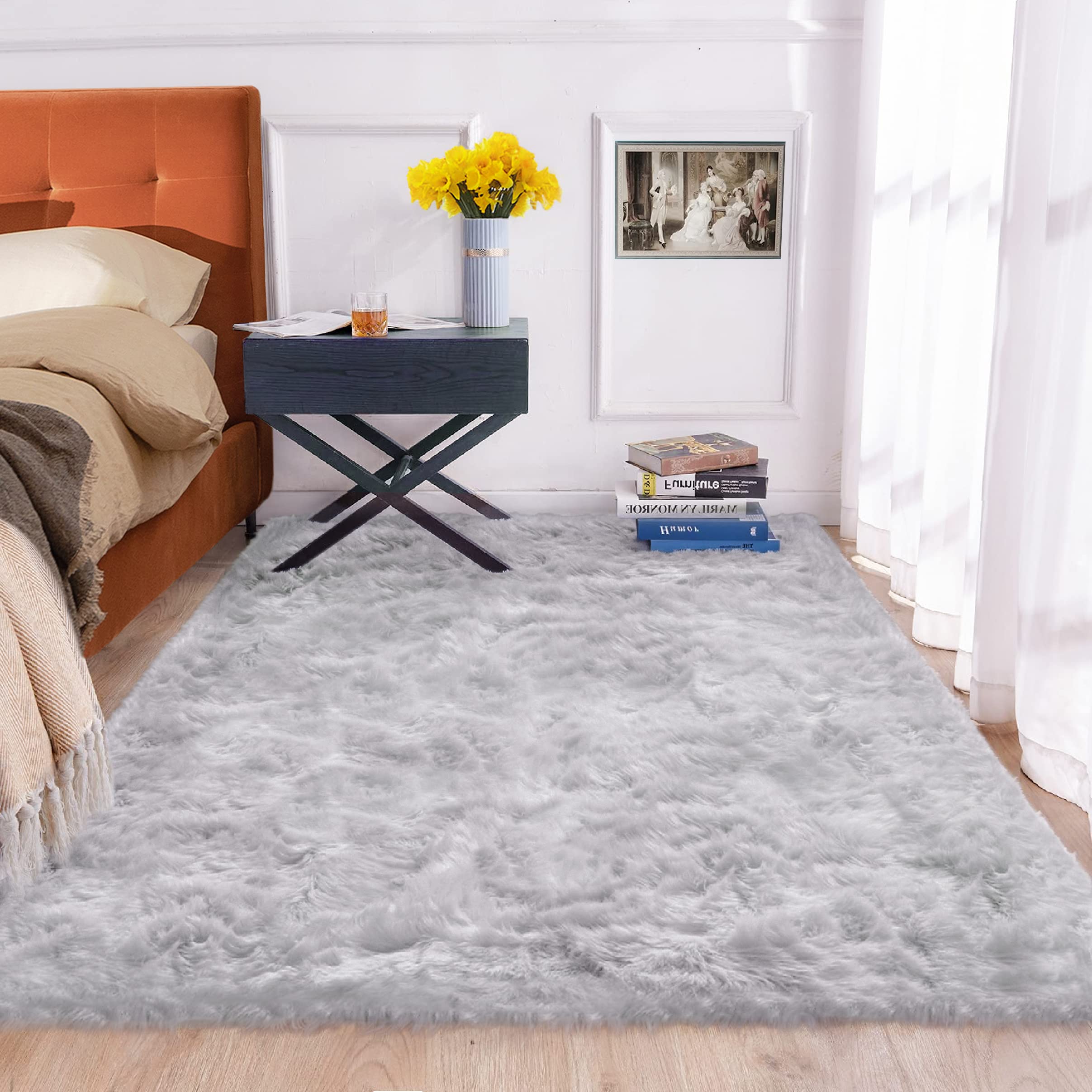 ORINOVA Gray Furry 5x7 Area Rugs for Bedrooms Faux Sheepskin Fur Rug Washable Carpet for Living Room Shag Nursery Rug