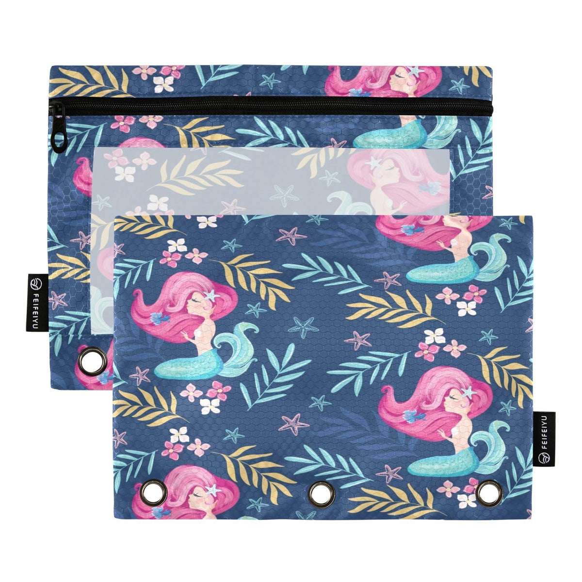 Coikll Beautiful Mermaid Pencil Pouch Fits Standard 3-Ring Binders, Zipper Binder Pencil Bag With Clear Window For Class Office