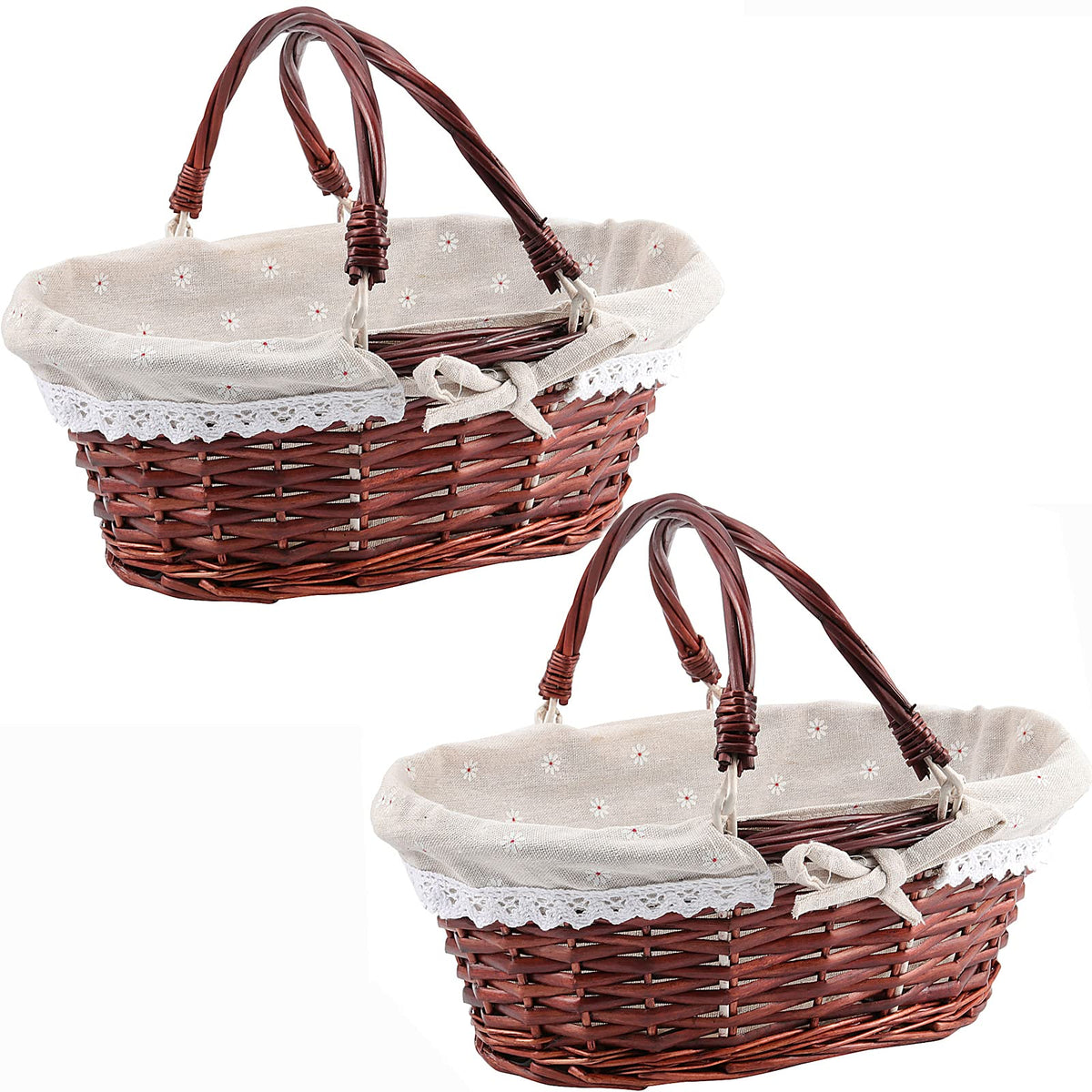 ZOENHOU 2 PCS Brown Wicker Gift Empty Basket, Hand-Woven Favors Storage Willow Picnic Basket with Handles for Fruit Vegetable Pi