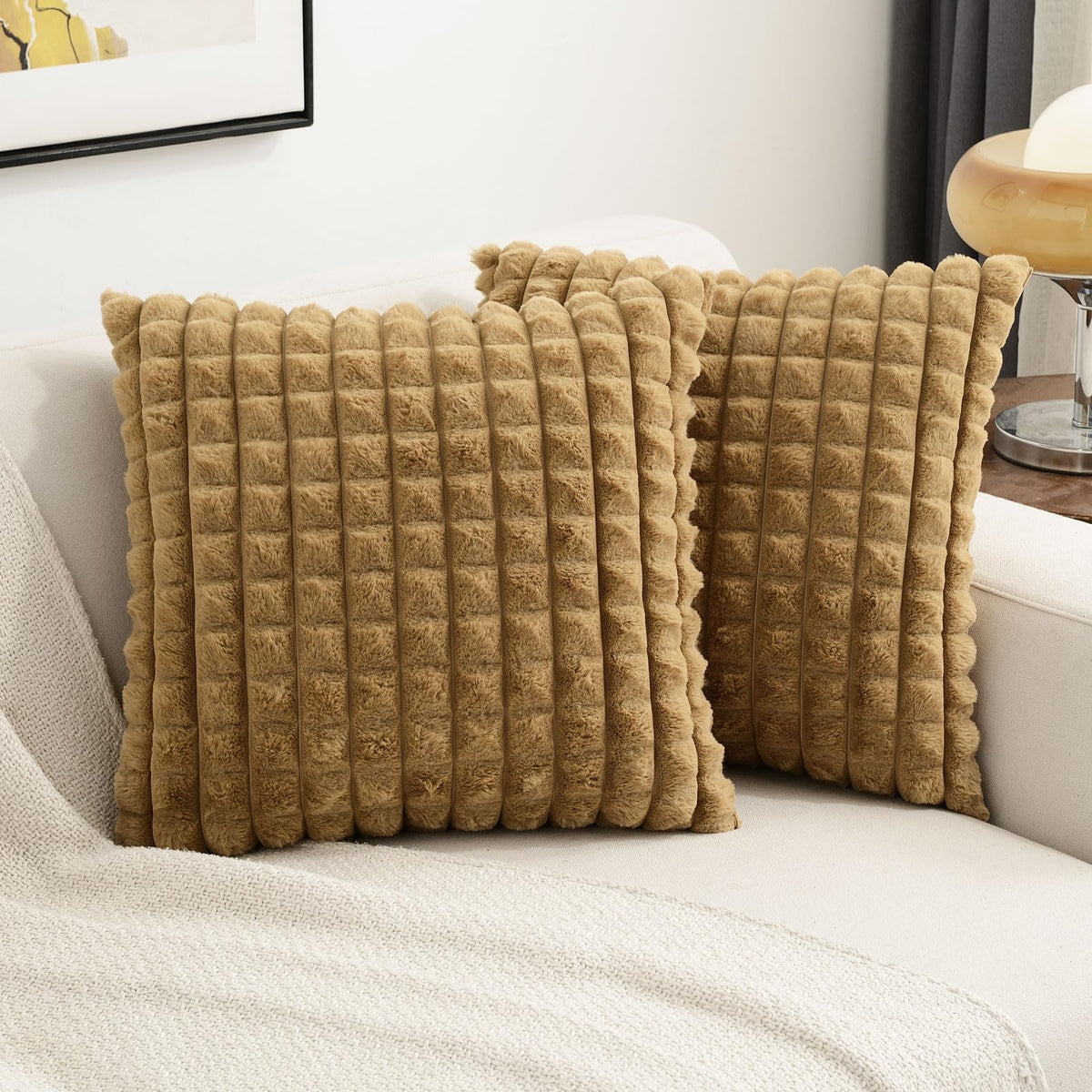 Futei Camel Decorative Throw Pillow Covers 16X16 Inch Set Of 2,Square Cushion Case,Fluffy Faux Rabbit Fur Plaid & Soft Velvet Ba