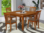 East West Furniture PFML5-SBR-C 5 Piece Dining Set Includes a Square Dining Room Table with Butterfly Leaf and 4 Linen Fabric Upholstered Kitchen Chairs, 54x54 Inch, Saddle Brown