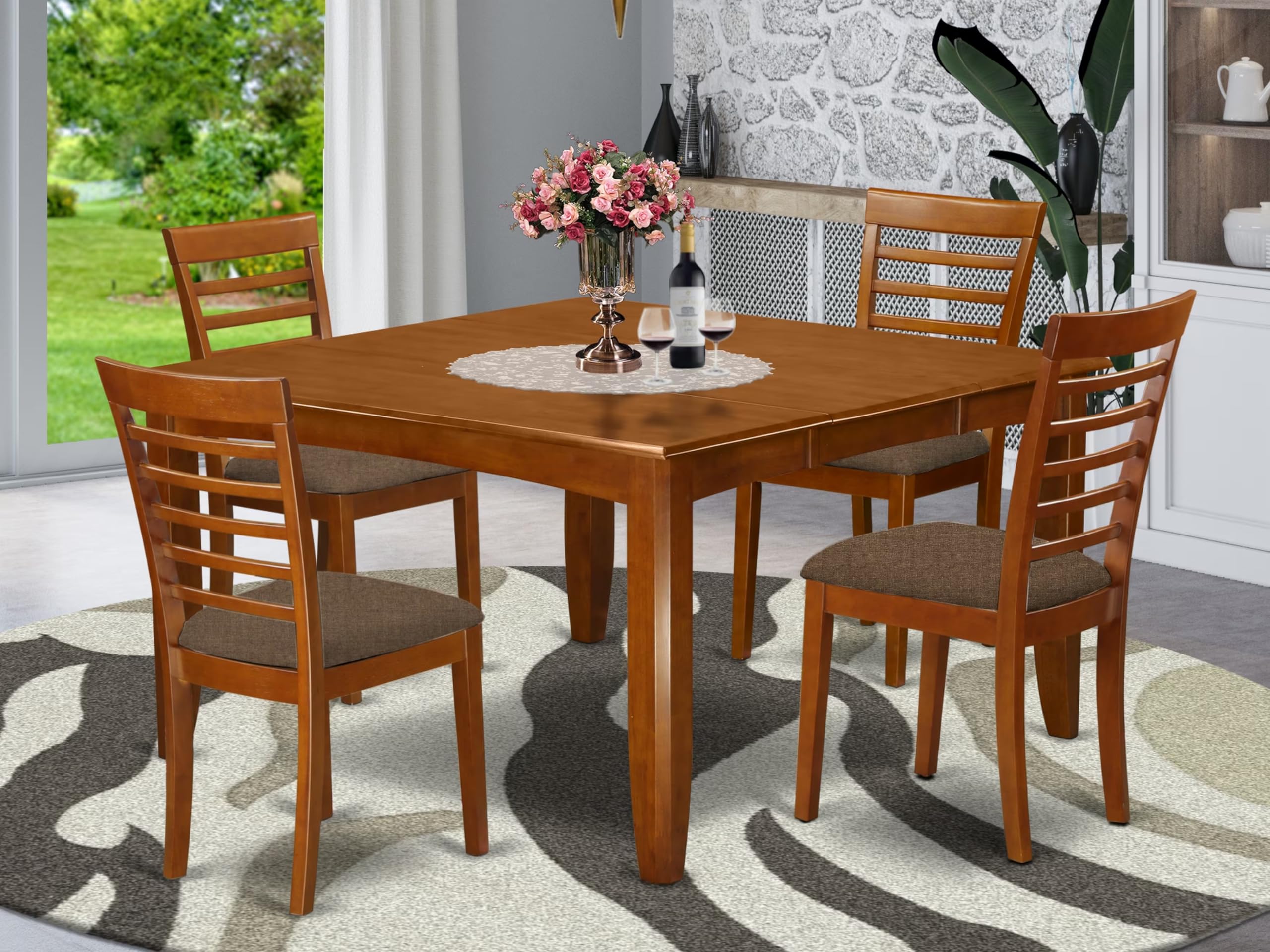 East West Furniture PFML5-SBR-C 5 Piece Dining Set Includes a Square Dining Room Table with Butterfly Leaf and 4 Linen Fabric Upholstered Kitchen Chairs, 54x54 Inch, Saddle Brown