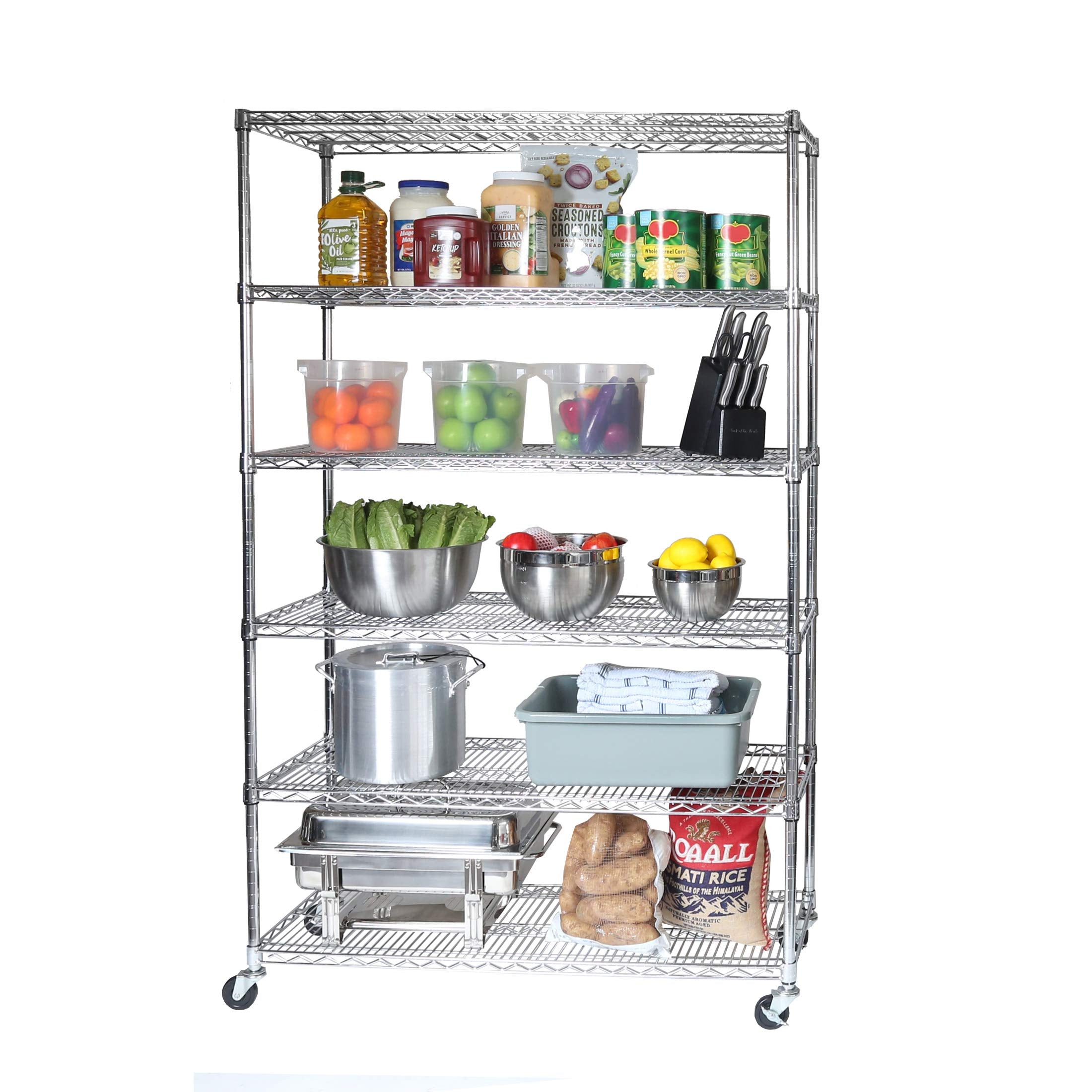 Seville Classics UltraDurable Heavy Duty NSF Solid Steel Wire Rack Storage Unit Wheels, 6-Tier Shelving, 48 W x 18 D