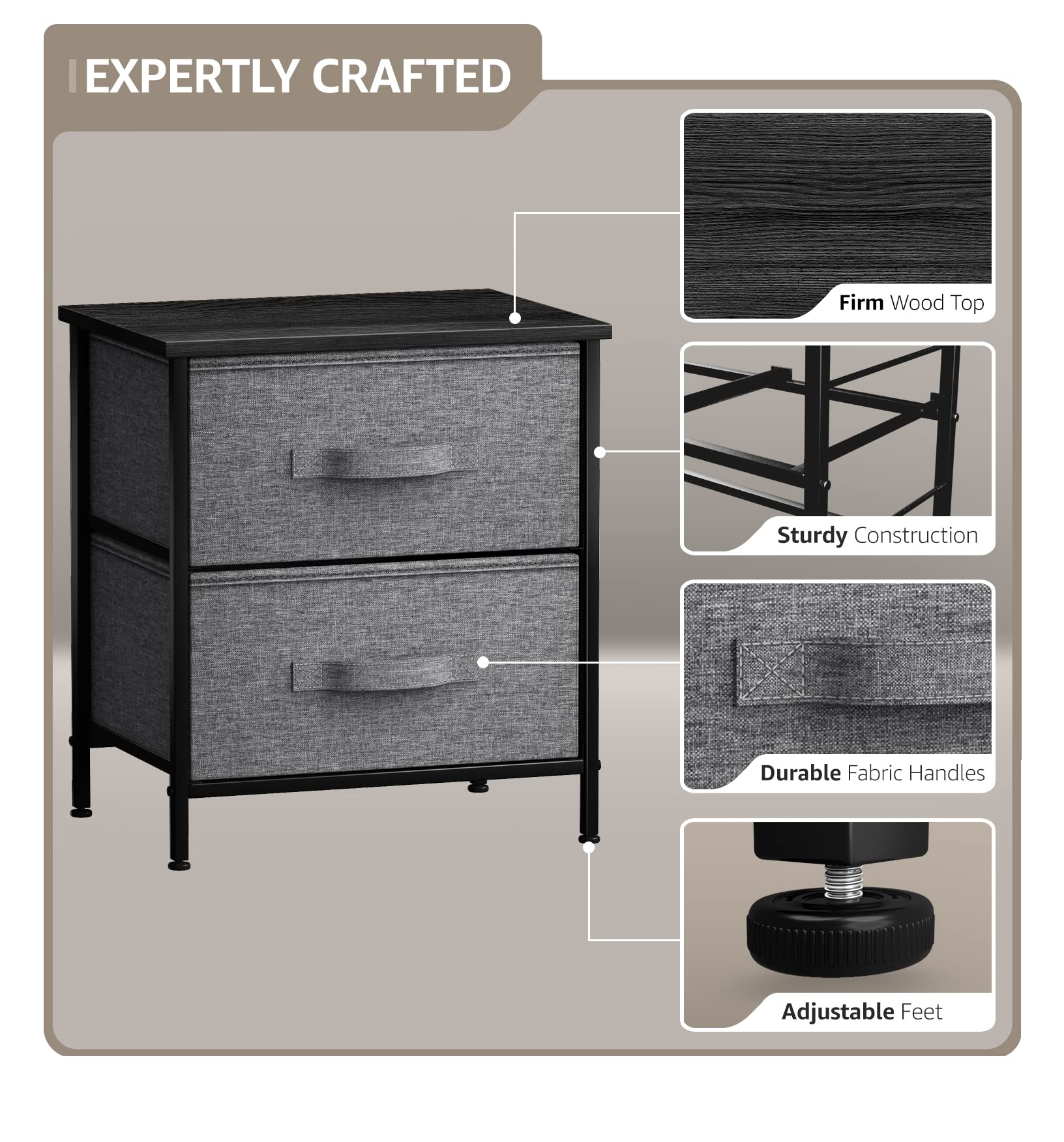 Sorbus Nightstand With 2 Drawers - Bedside Furniture End Table Night Stand With Steel Frame, Wood Top & Easy Pull Fabric Bins - Small Dresser & Chest For Home, Bedroom Accessories & Office