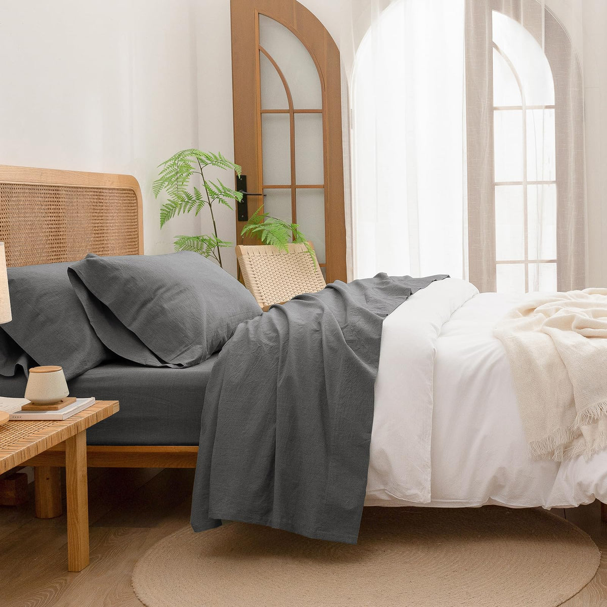 BESTOUCH Sheet Set 100% Washed Cotton Linen Feel Super Soft Comfortable Chic Lightweight 4 Pcs Home Bedding Set Solid Dark Grey 