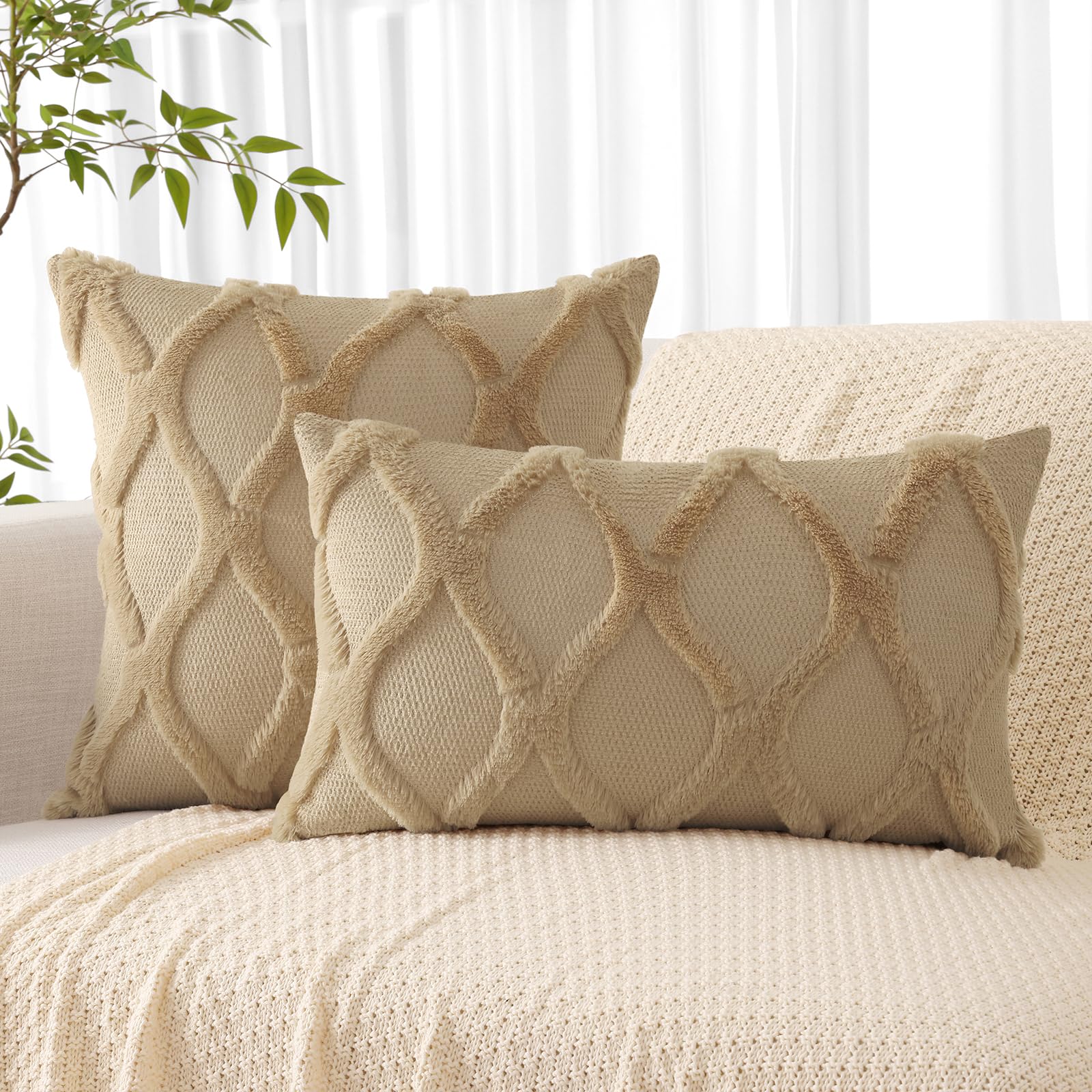 Decoruhome Throw Pillow Covers 24X24 Inch Set Of 2, Soft Plush Faux Fur Wool Khaki Couch Pillow Covers, Decorative Pillow Cases For Bed Sofa Living Room Home Decor