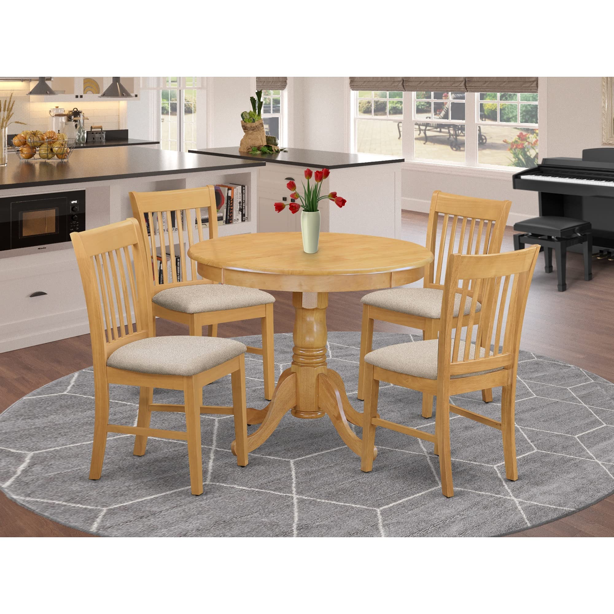 East West Furniture ANNO5-OAK-C 5 Piece Dining Table Set for 4 Includes a Round Kitchen Table with Pedestal and 4 Linen Fabric Dining Room Chairs, 36x36 Inch, Oak