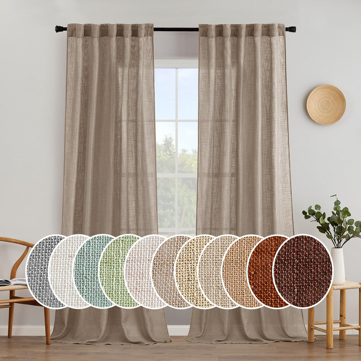 Miulee Taupe Linen Curtains 90 Inch Length 2 Panels For Bedroom Living Room, Soft Thick Linen Textured Window Drapes Semi Sheer