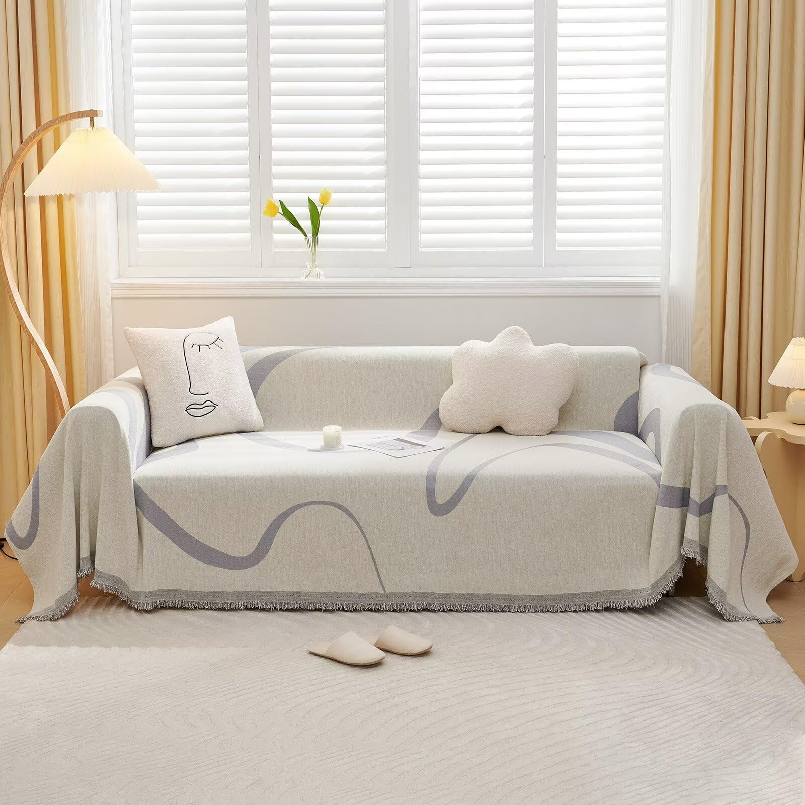 Vclife Gray Beige Cream Stripe Couch Cover Thick Pet-Friendly Chenille Sofa Cover For Sectional Couch, Minimalism Chic Style Geo