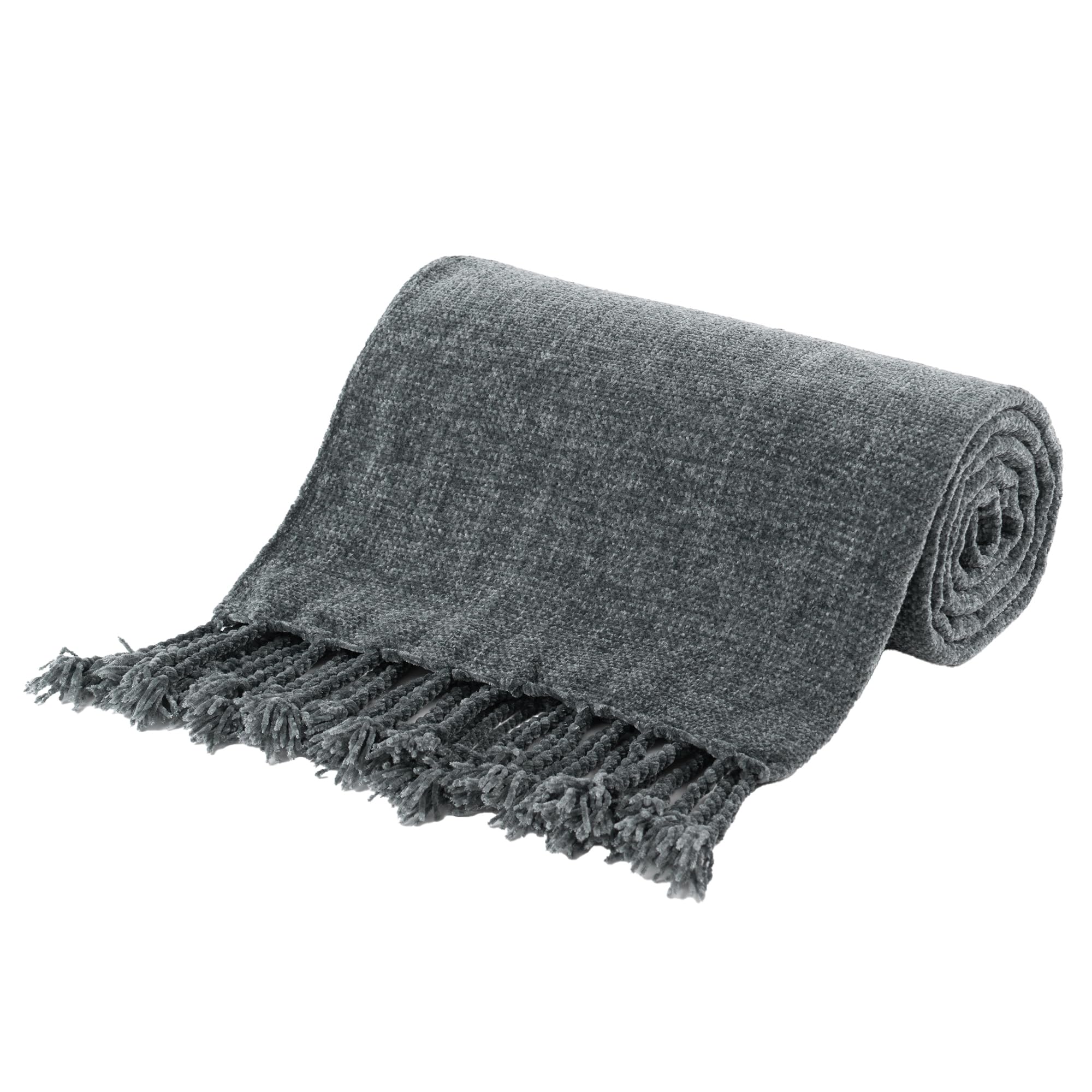 Battilo Home Dark Gray Throw Blanket For Couch Bed Sofa, Soft Cozy Grey Chenille Throw Blanket With Fringe Tassels, Lightweight
