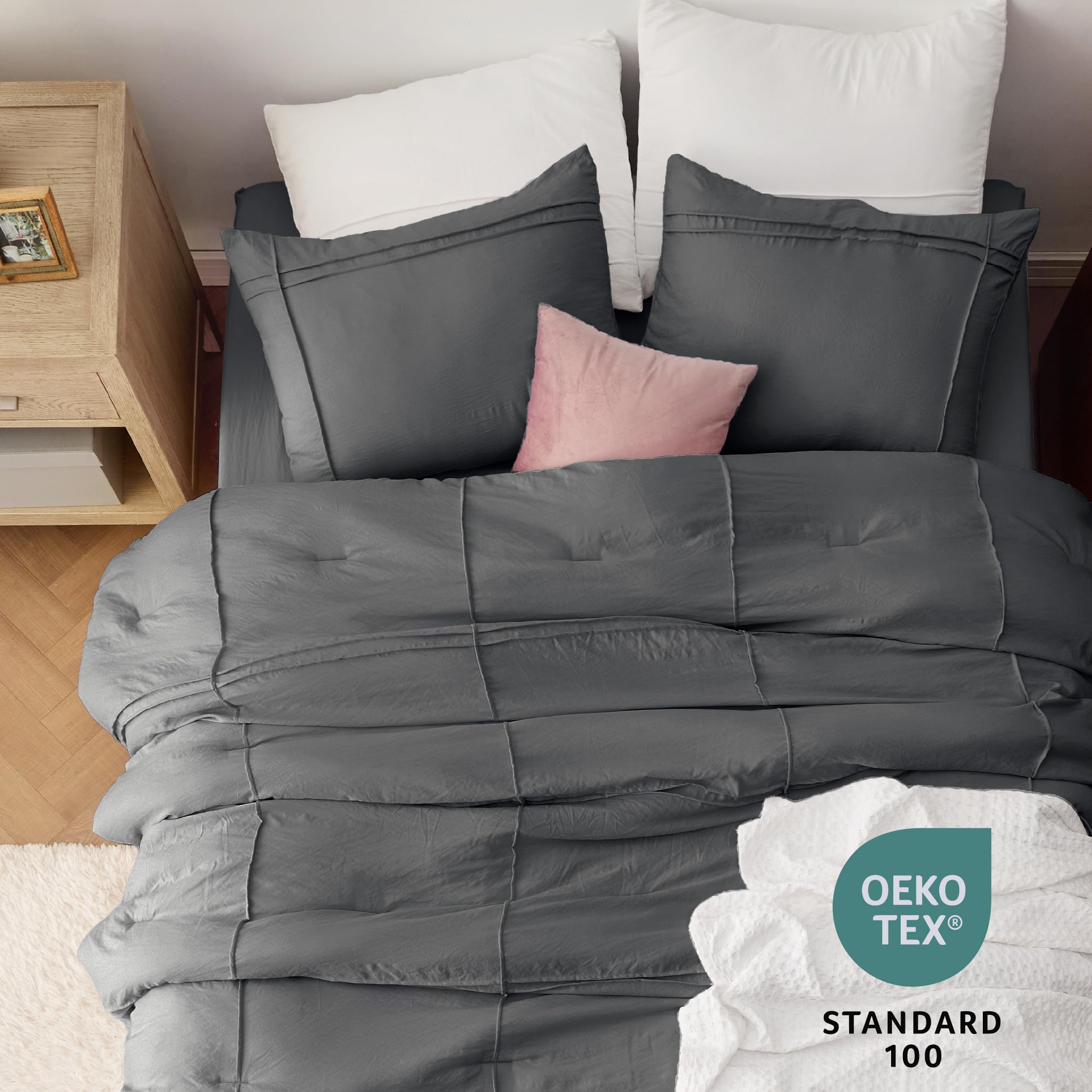 Bedsure Full Comforter Set With Sheet - 4 Pieces Soft Dark Grey Bedding Sets, Grid Pinch Pleat, All Season Lightweight Fluffy Bed Set With Solid Boho Comforter, Pillowcases & Sheet