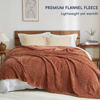 Phf Ultra Soft Flannel Fleece Blanket Queen Size, Lightweight 3D Jacquard Fleece Blanket, No Shedding, No Pilling, Luxury 340Gsm Aesthetic Fluffy Cozy Blanket For Bed Room Decor, 90'X90', Burnt Umber