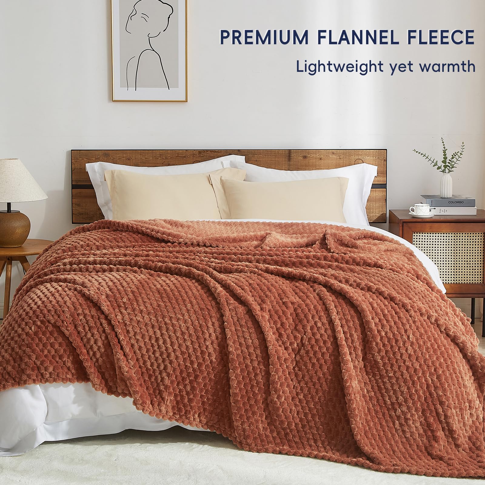 Phf Ultra Soft Flannel Fleece Blanket Queen Size, Lightweight 3D Jacquard Fleece Blanket, No Shedding, No Pilling, Luxury 340Gsm Aesthetic Fluffy Cozy Blanket For Bed Room Decor, 90'X90', Burnt Umber