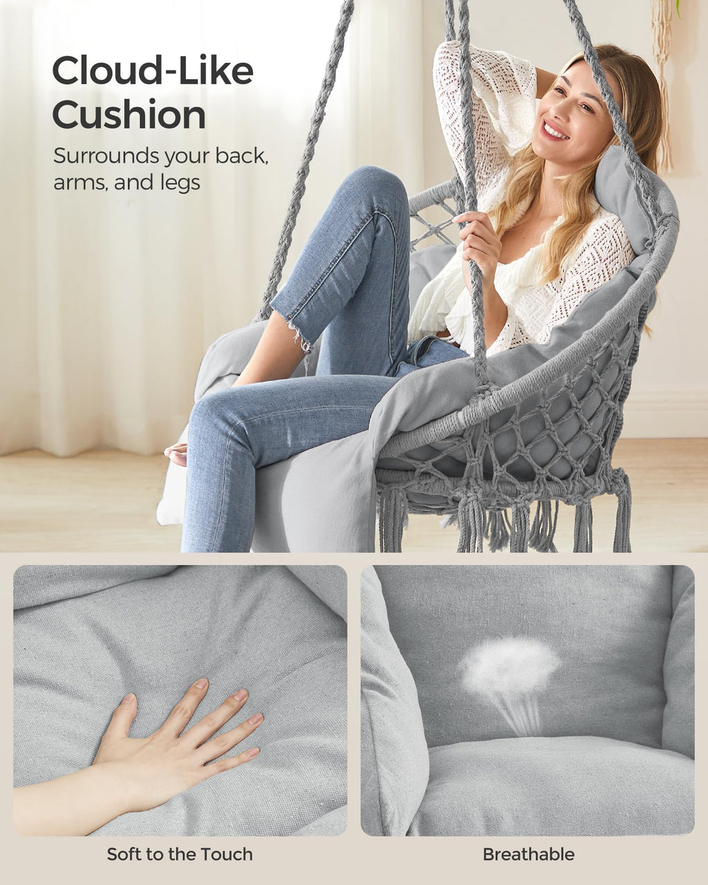 Songmics Hanging Chair, Hammock Chair With Large, Thick Cushion, Boho Swing Chair For Bedroom, Patio, Balcony, Garden, Holds Up To 264 Lb, Accessories Included, Dove Gray Ugdc042G11