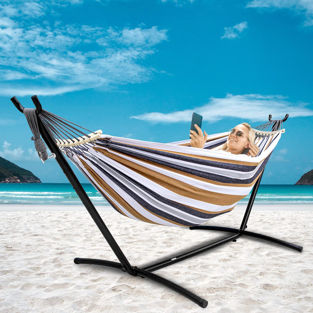 Szhlux Double Hammock With Stand Included 450Lb Capacity Steel Stand, Premium Carry Bag Included And Two Anti Roll Balance Beam, Portable Hammock With Stand For Backyard, Camping,Garden Brown Stripes