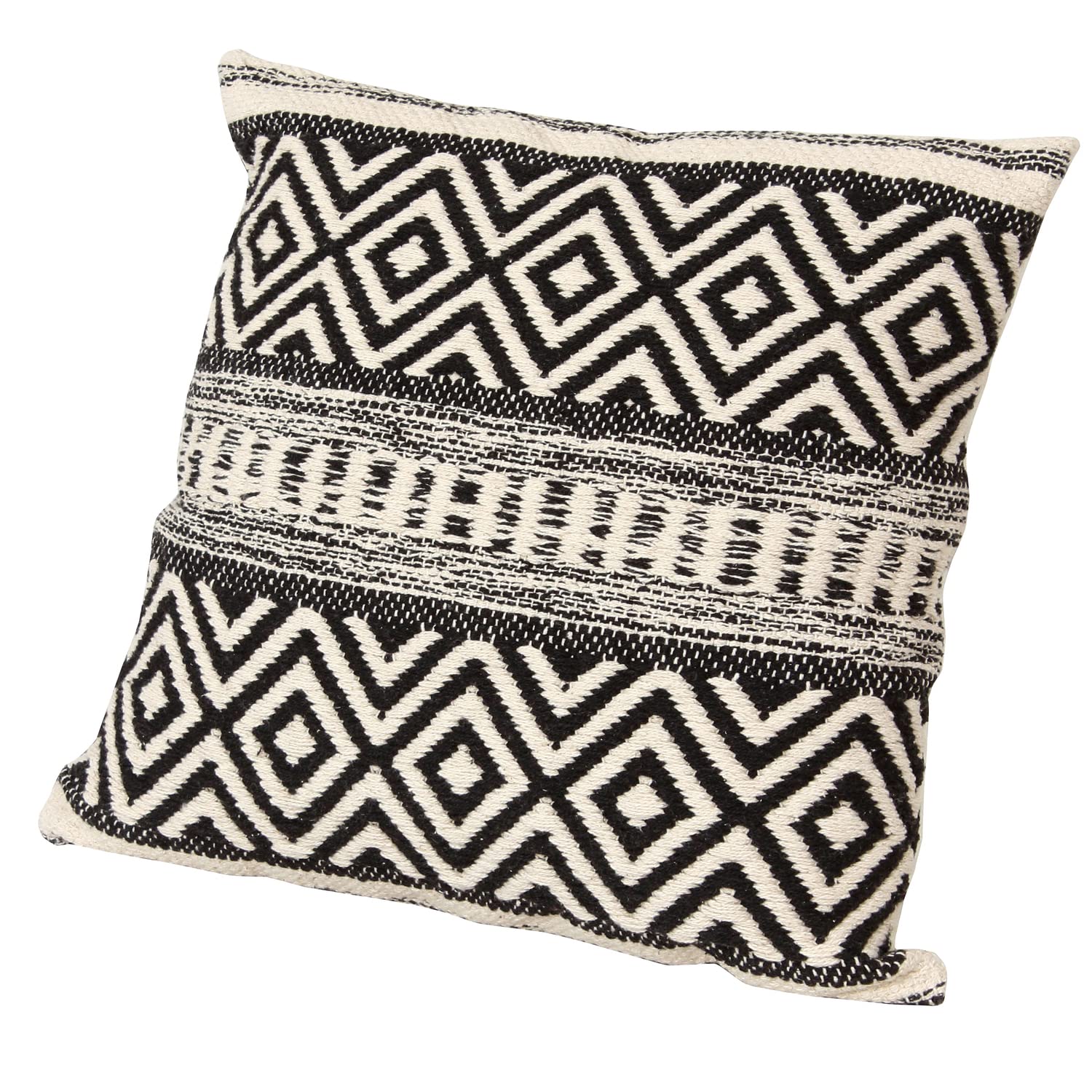 The Urban Port 18 x 18 Jacquard Square Cotton Sham Accent Throw Pillow with Boho Diamond Pattern, Set of 2, Black, White