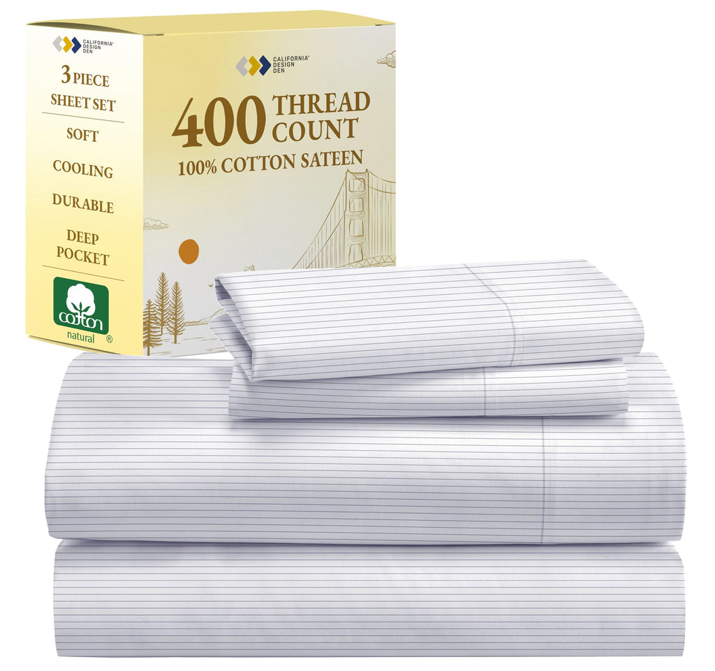 California Design Den Pinstripe Twin Xl Sheets - Softest 100% Cotton Sheets Set, Luxury 400 Thread Count Sateen, Deep Pocket Pri