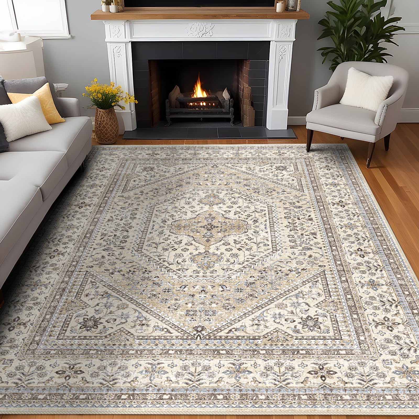 Puino 8x10 Washable Vintage Rug: Oriental Rugs for Living Room Non Slip Backing Stain Resistant Large Indoor Carpet for Bedroom 