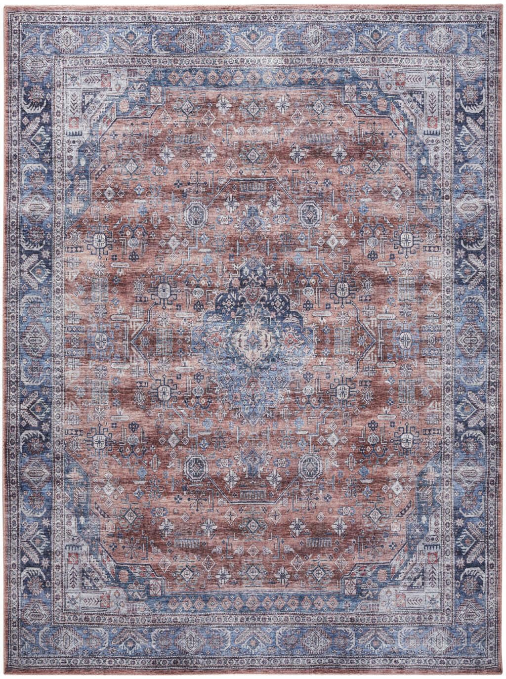 HomeRoots 533326 8 x 10 ft. Blue & Red Oriental Traditional Power Loomed Distressed Washable Non Skid Rectangle Area Rug