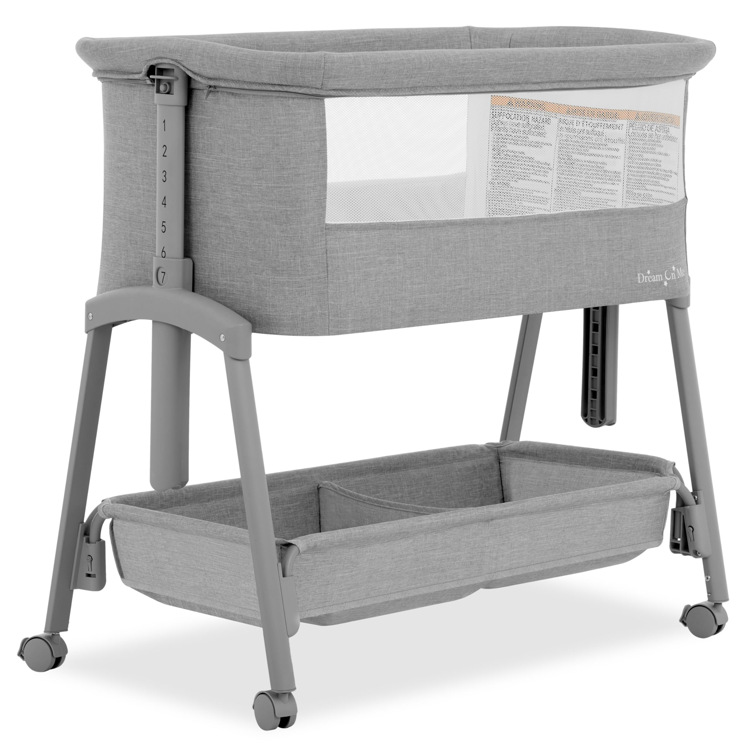 Dream On Me Calypso Portable Bassinet with Wheels in Grey, Quick & Easy Folding, Seven Adjustable Height, Machine Washable Fabri