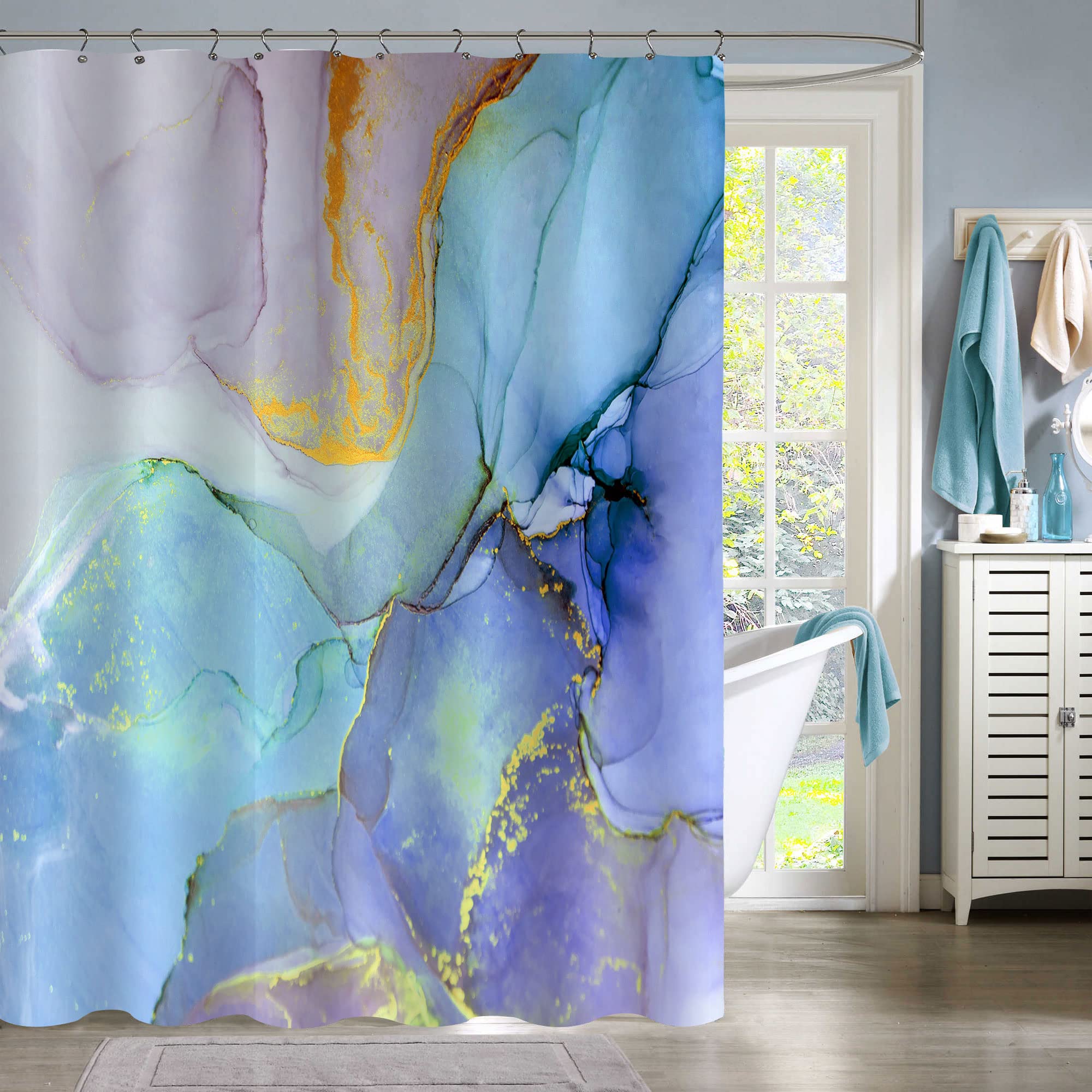 Gibelle Long Shower Curtain 72 x 78, Tall Abstract Marble Fabric Shower Curtain, Blue Purple Jade Texture Gold Stripes Ombre Ink