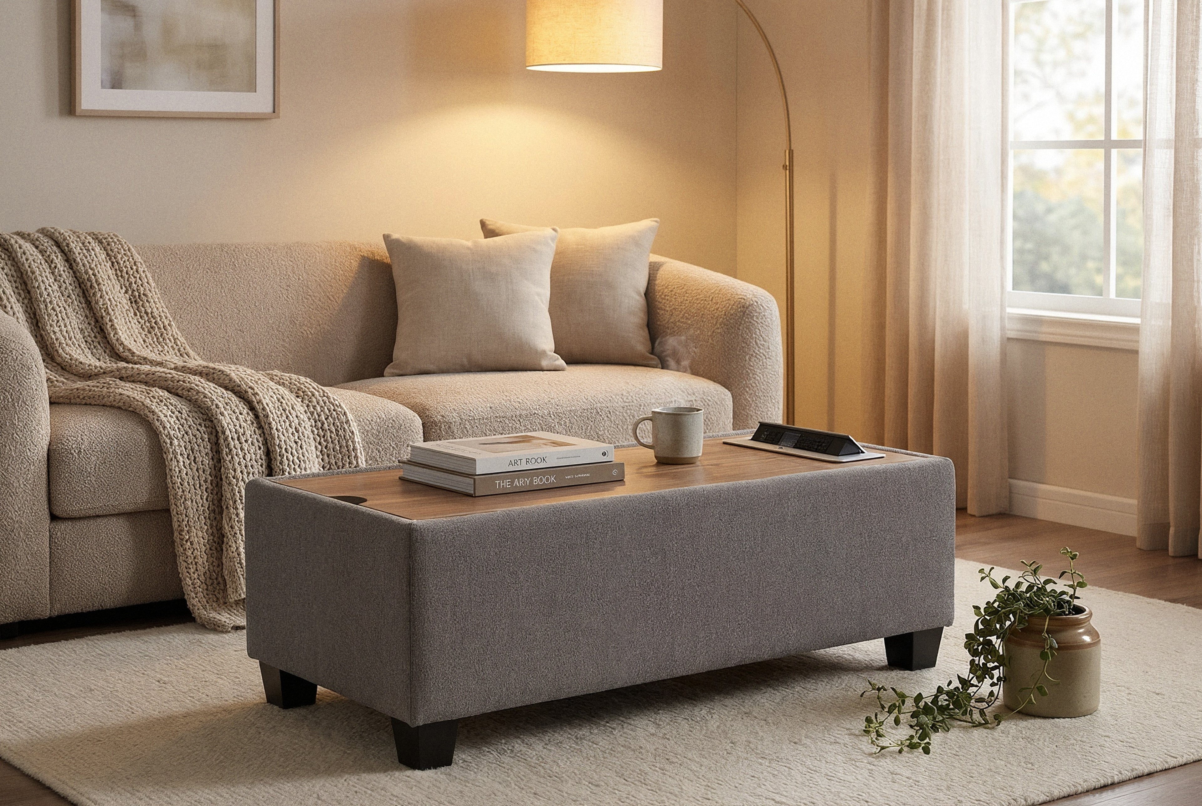 Madison Light Gray Upholstered Storage Ottoman Console Table with Wooden Top, 2 USB Ports, 2 AC Charging Ports