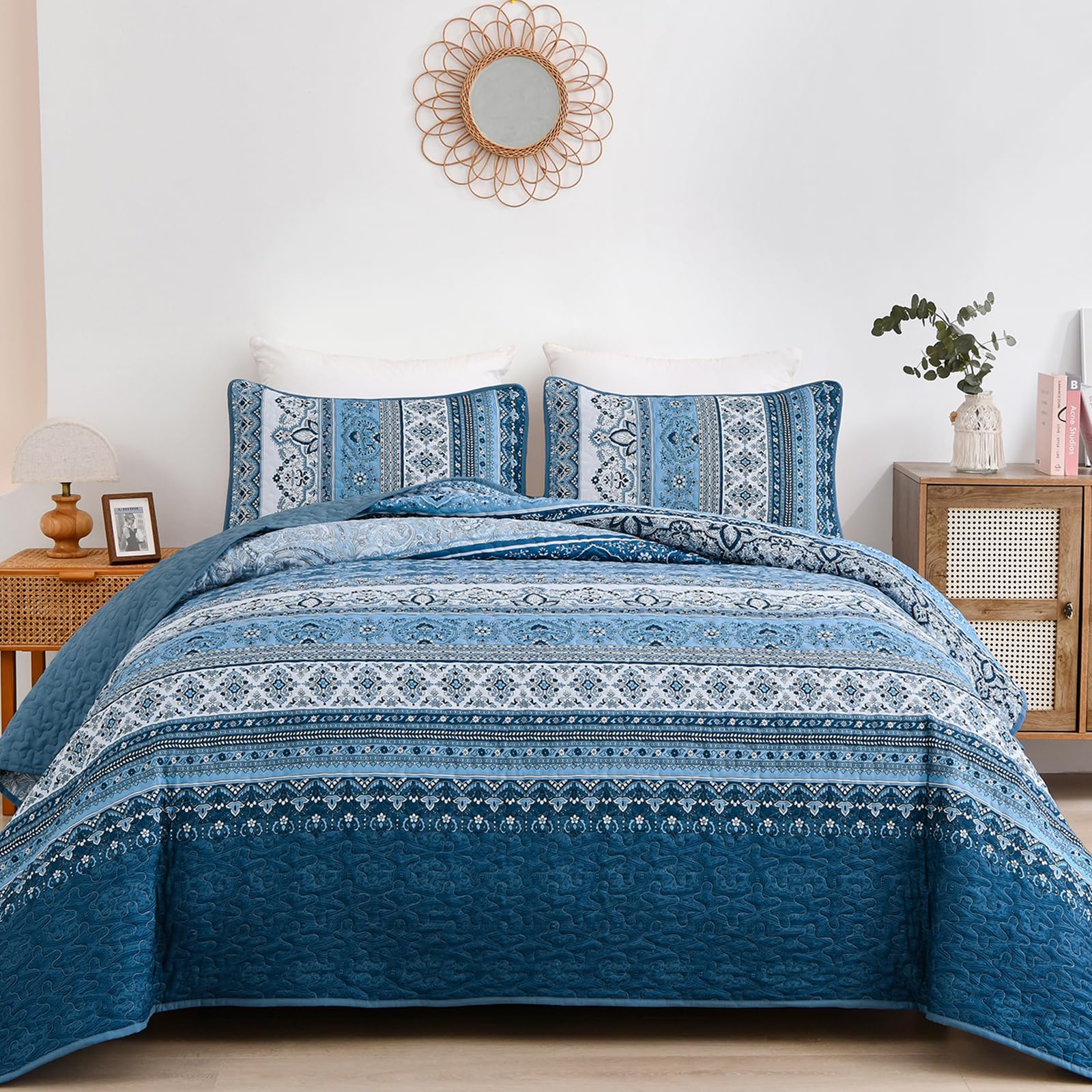 Wongs Bedding Blue Quilt Set Queen Size, Bohemian Stripe 3 Pieces Quilts Bedspread Set Boho Lightweight Microfiber All Season Be