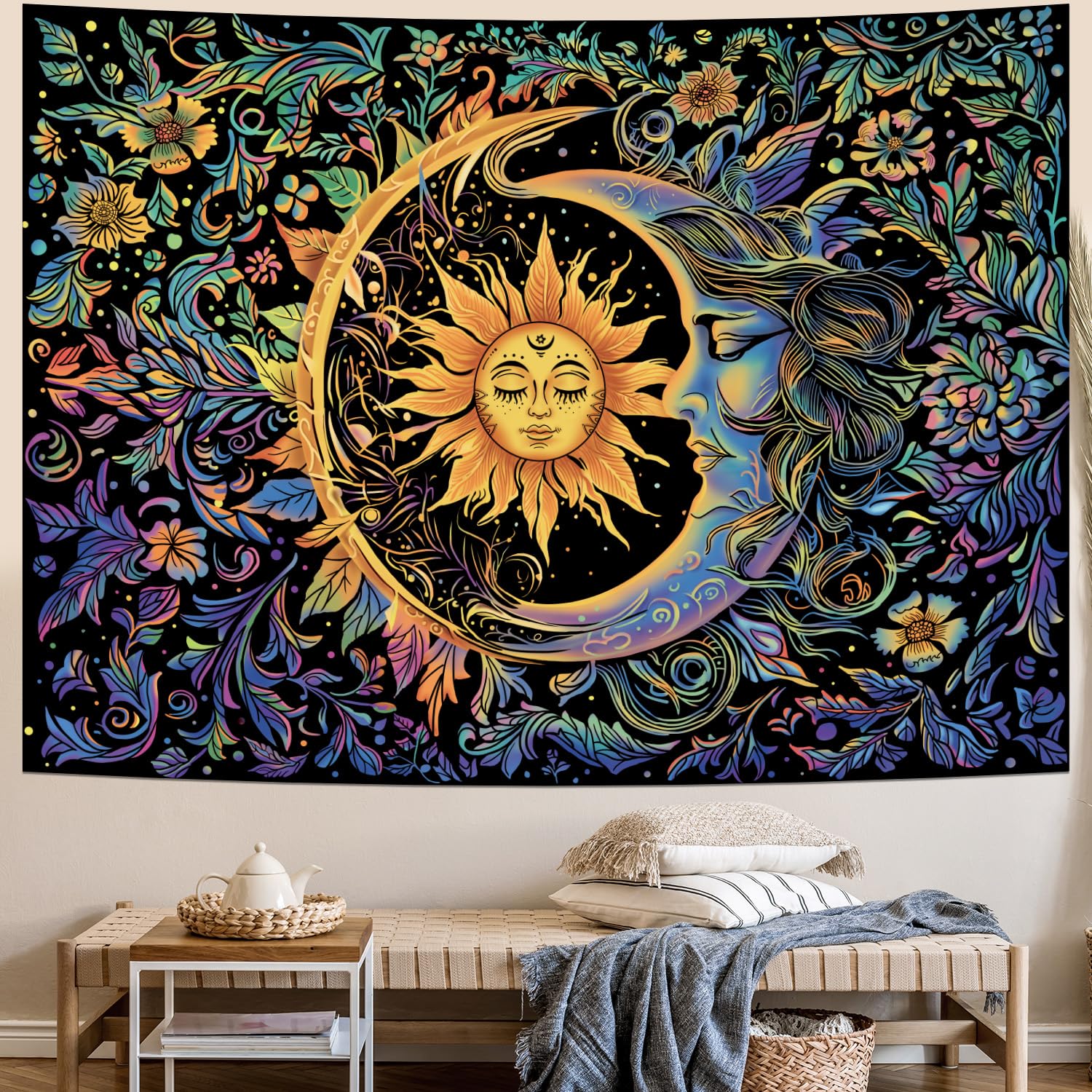 Sun And Moon Tapestry Psychedelic Mystic Floral Tapestry Hippie Boho Flower Plants Wall Tapestry Vintage Aesthetic Tapestry Wall