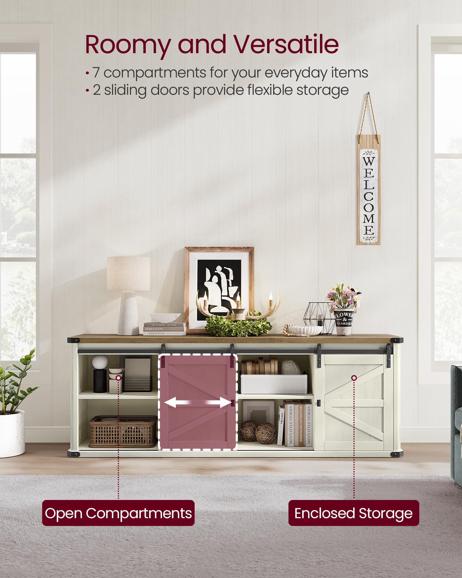 Vasagle Tv Stand For Tvs Up To 75 Inches, Farmhouse Entertainment Center With Sliding Barn Doors, Tv Console Table For Living Room, Rustic White And Honey Brown Ultv325W73