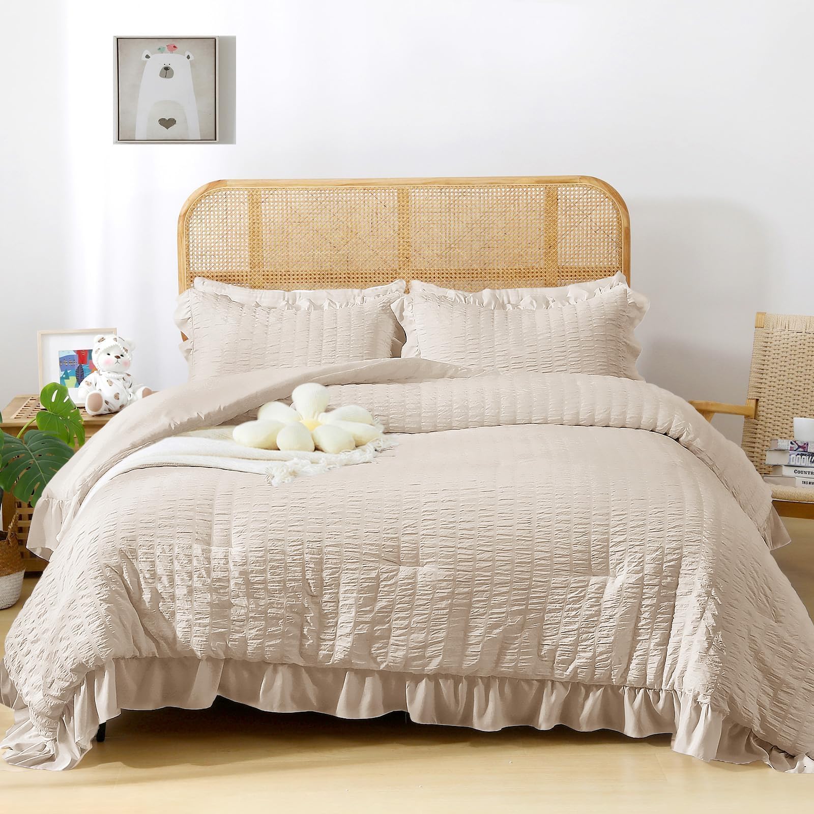 Jollyvogue Beige Queen Comforter Set, 3 Pieces Seersucker Comforters Queen Size, Lightweight & Fluffy Bedding Sets Queen For All