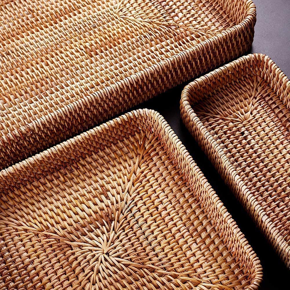 I-Lan Set Of 3 15' Rattan Woven Serving Tray Basket With Mop Wooden Base And Handles, Boho Wicker Coffee Table D  Cor Serving T