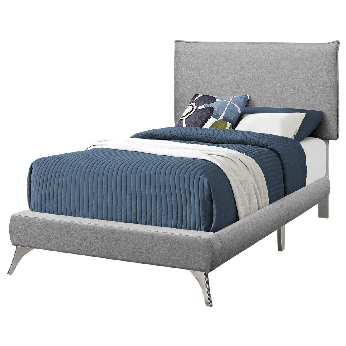 Monarch Specialties Twin Size/Grey Linen With Chrome Legs Bed