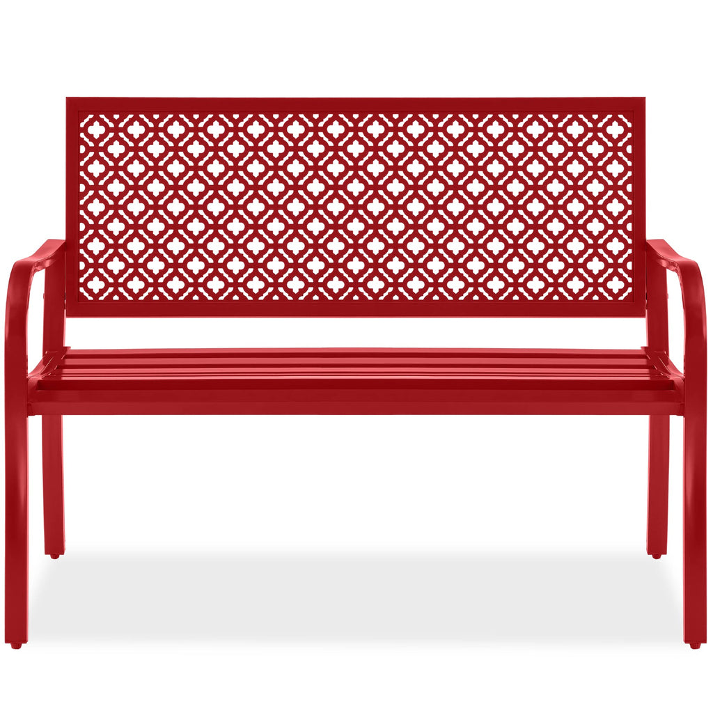 Best Choice Products Outdoor Bench 2-Person Metal Steel Benches Furniture For Garden, Patio, Porch, Entryway W/Geometric Backrest, 790Lb Capacity - Rose Red