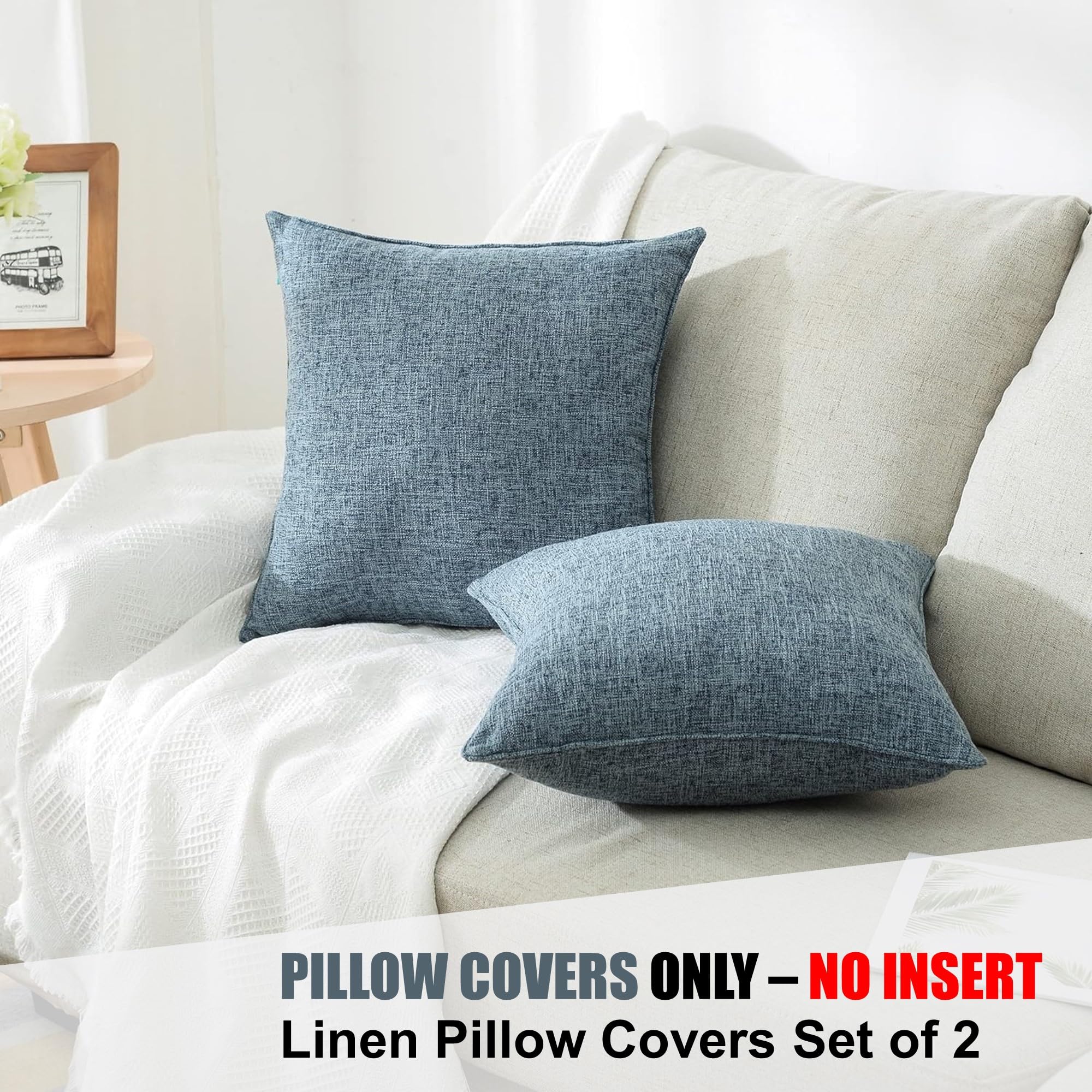 Hpuk Linen Throw Pillow Covers Pack Of 2, 20X20 Inch Accent Cushion Covers For Living Room, Bedroom, Decorative Solid Color Pillow Covers For Couch, Sofa, Chair, Blue