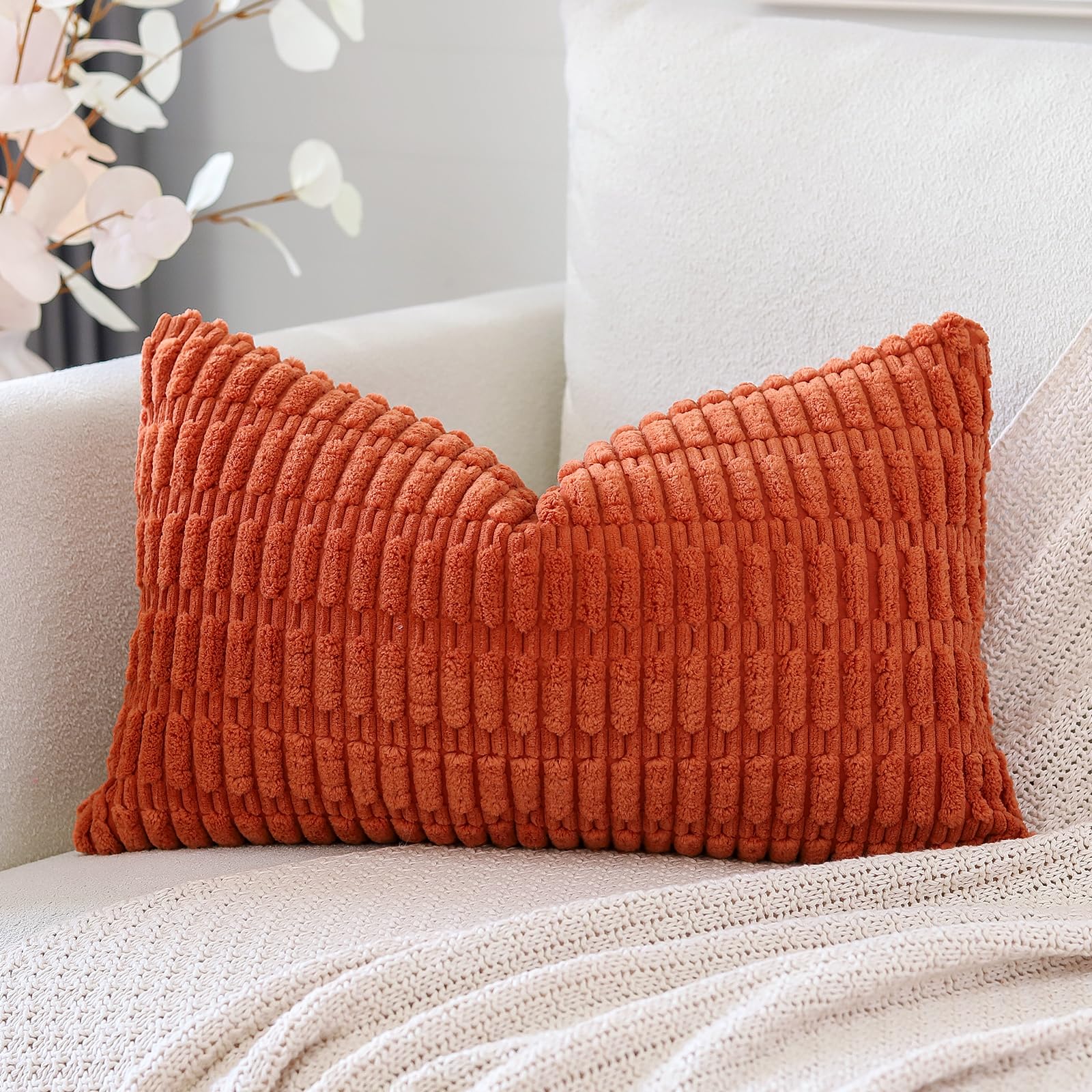 Otostar Corduroy Decorative Throw Pillow Covers 16X24 Inch Super Soft Boho Striped Rectangle Pillow Covers Case Modern Cushion Covers For Sofa Couch Bedroom Car Decor Orange
