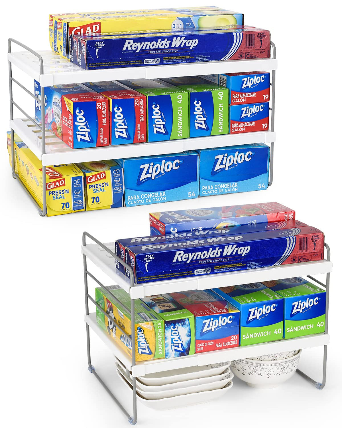 2 Pack Expandable Kitchen Wrap Organizer Rack, Height & Width Adjustable Aluminum Foil And Plastic Wrap Organizer For Pantry, Ca